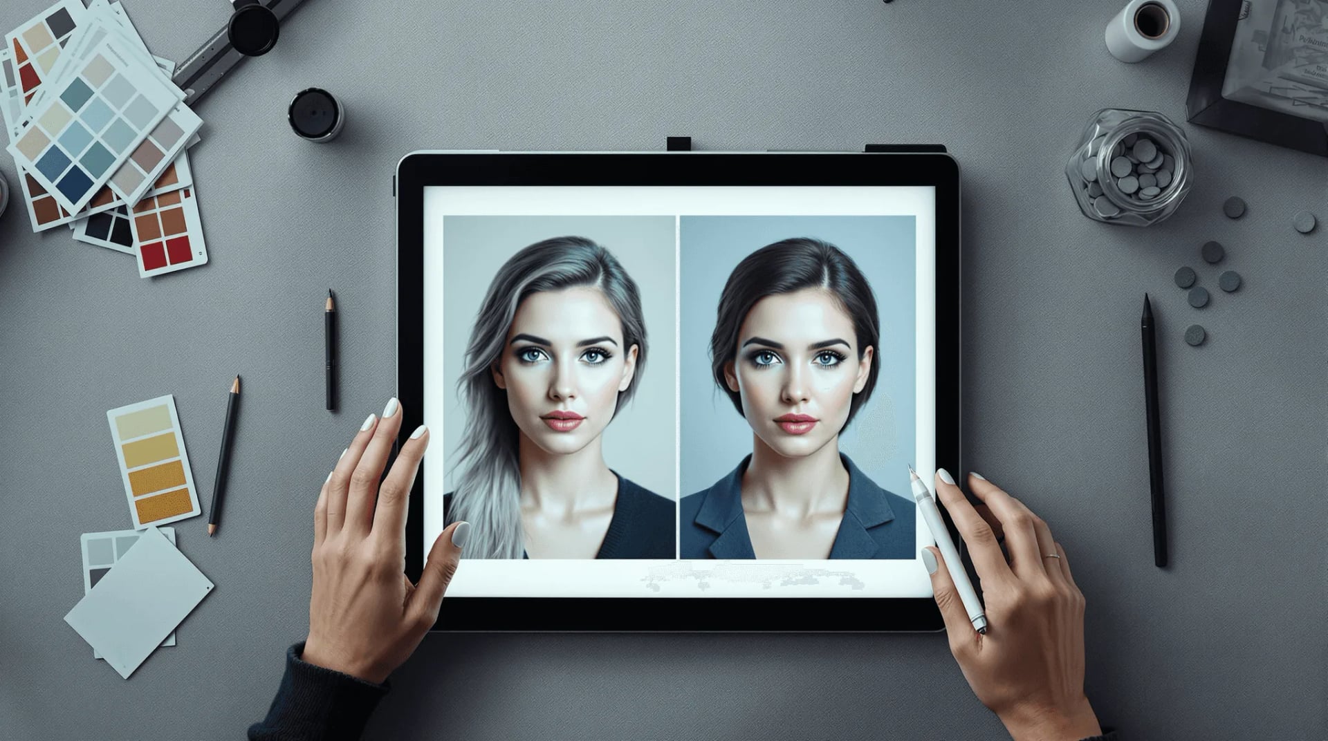 Hands comparing original and AI-transformed portrait proof sheets on lightbox