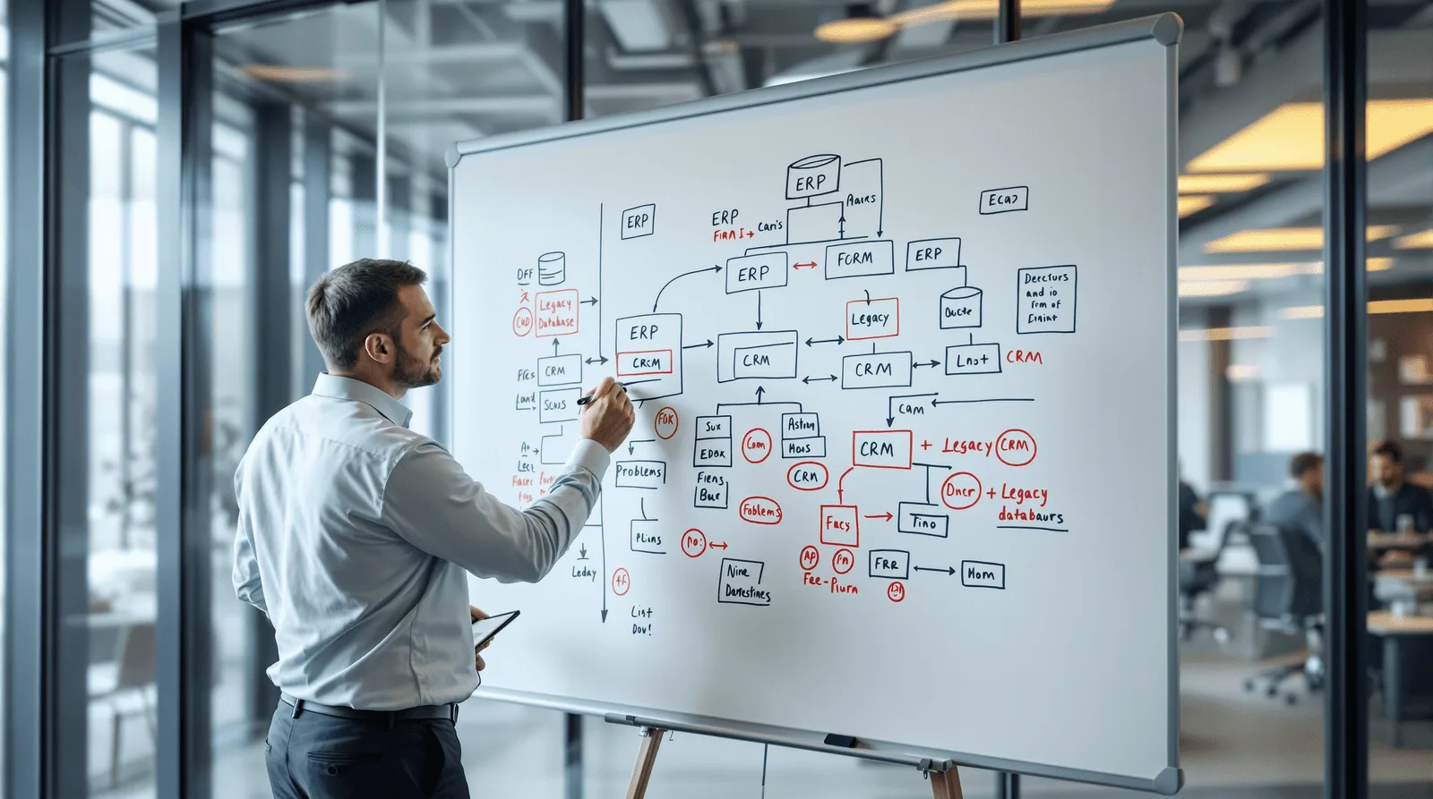 Consultant mapping ERP, CRM and legacy database connections on a whiteboard