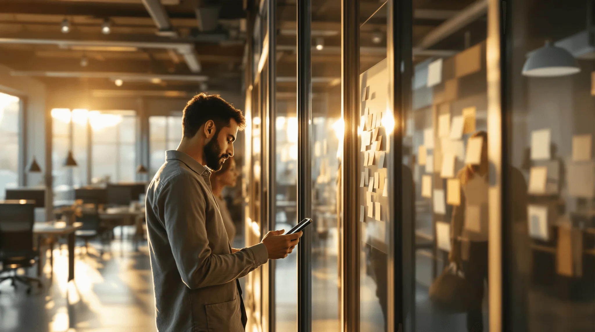 Professional checking smartphone in a modern office with agile planning board