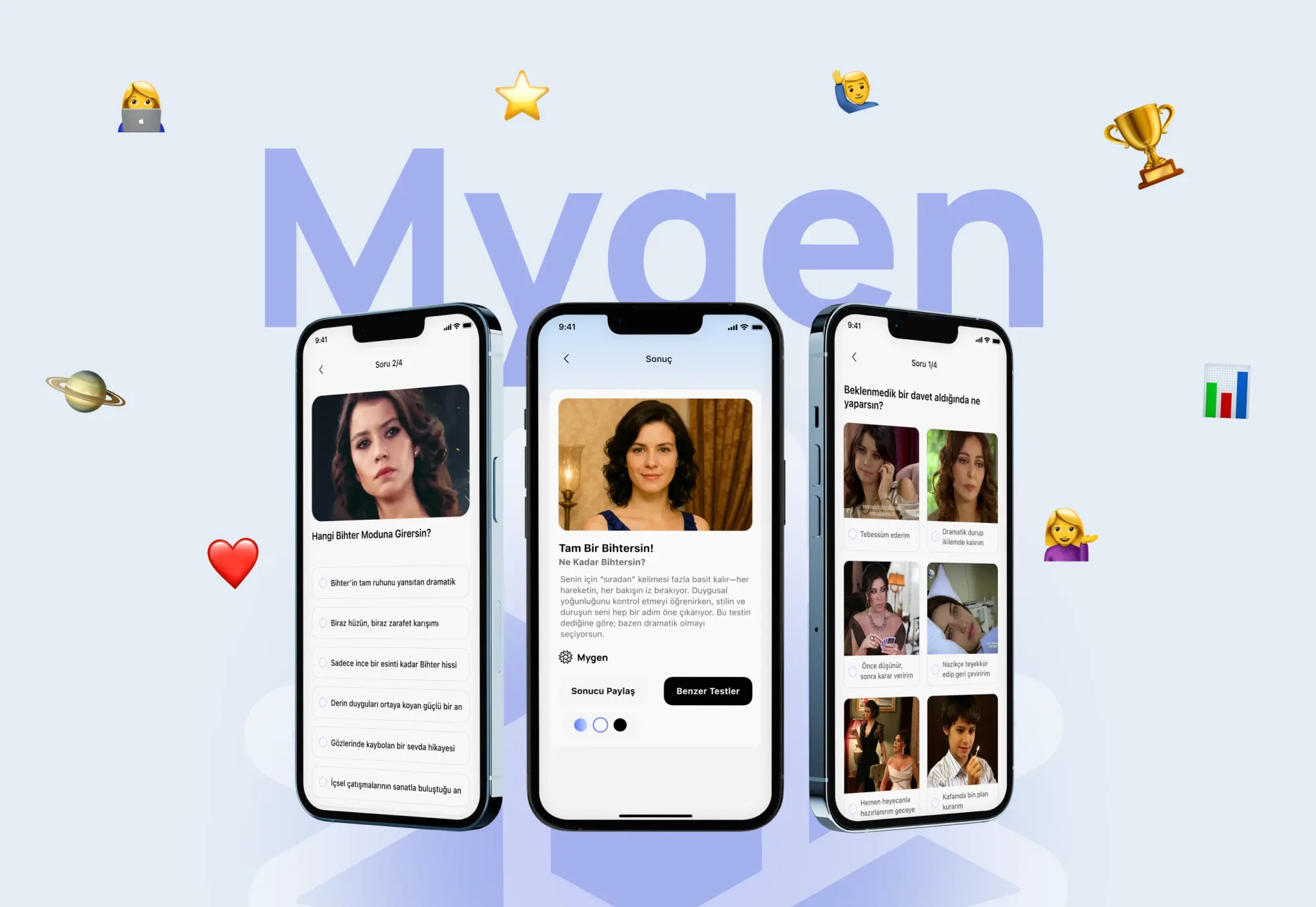 Three Mygen screens side by side, showing a test question, a personalized result card and a photo question.