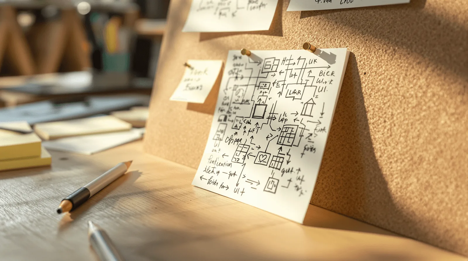 Handwritten app architecture index cards and wireframe sketches on corkboard