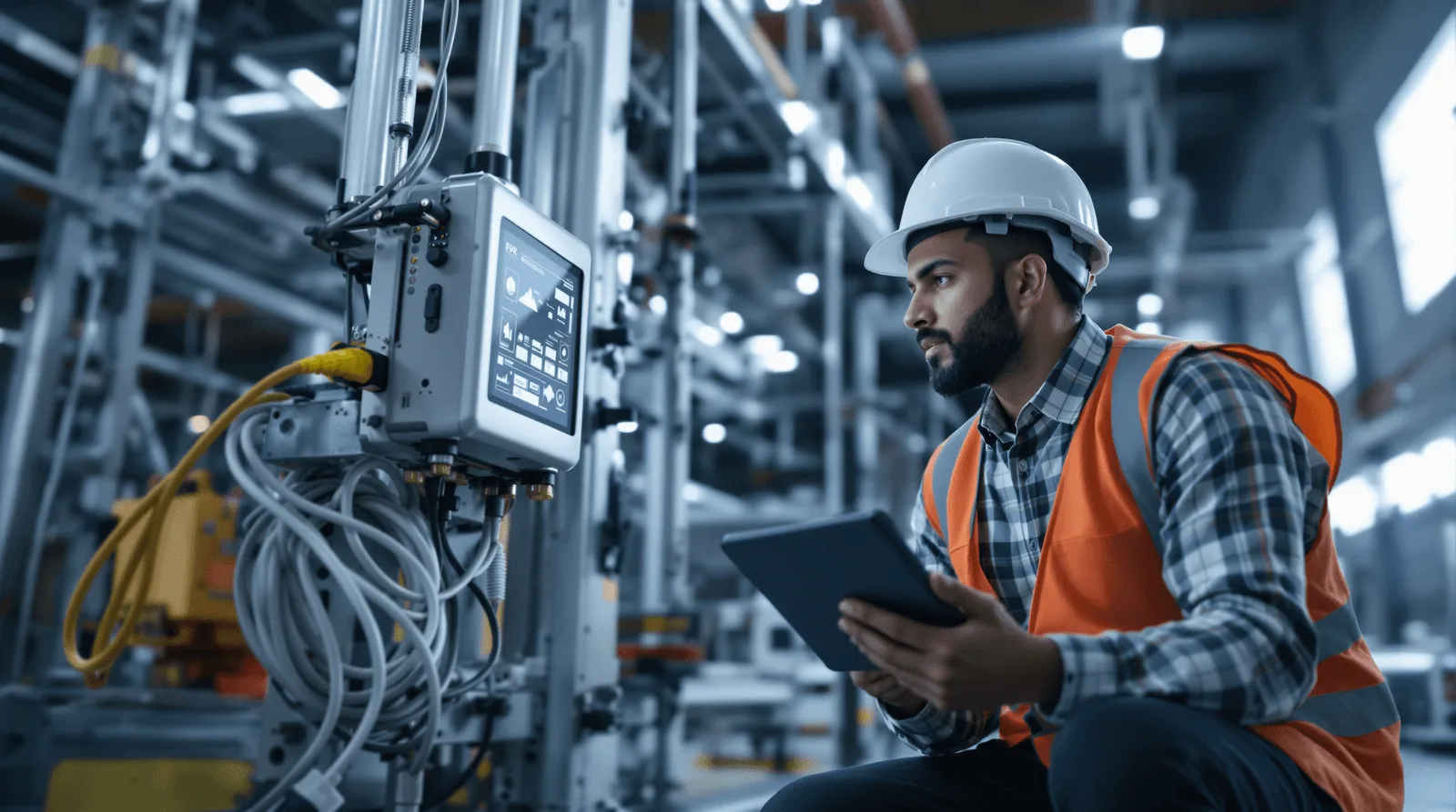 Engineer connecting cable to ruggedised edge computing unit on factory rack