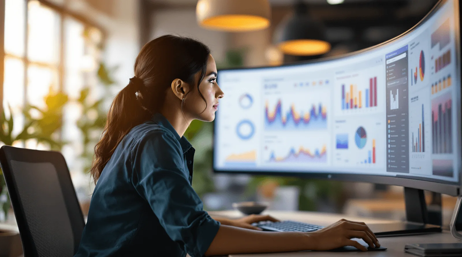 Marketing team analyzing conversion funnel, business analytics, and performance metrics on desktop monitors.