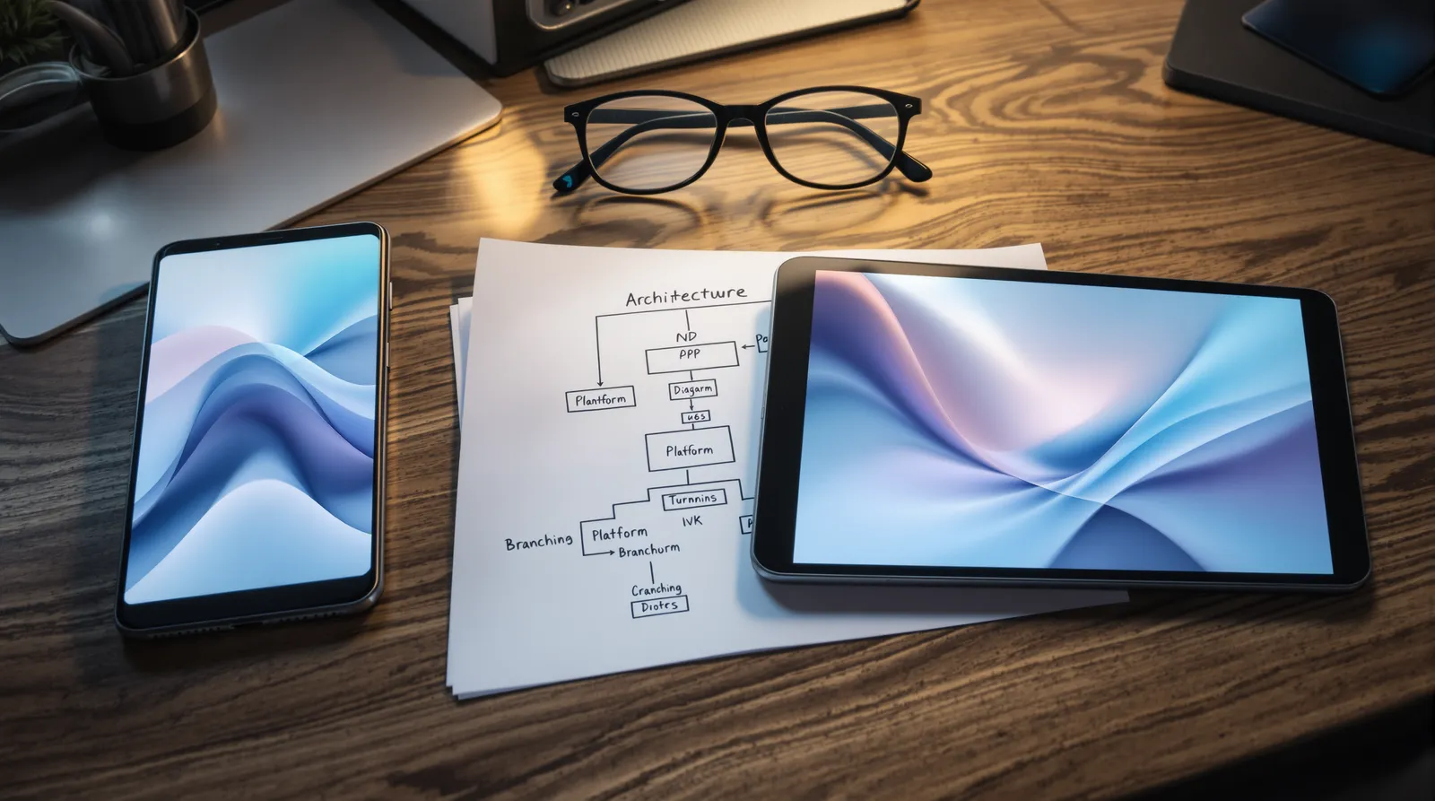 Elle çizilmiş çapraz platform mimari şemasının iki yanında duran bir telefon ve bir tablet
