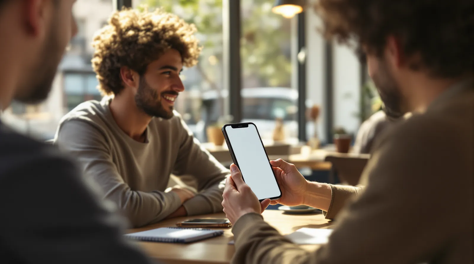 Kafe masasının karşısındaki kişiye telefondan uygulama prototipini gösteren kurucu