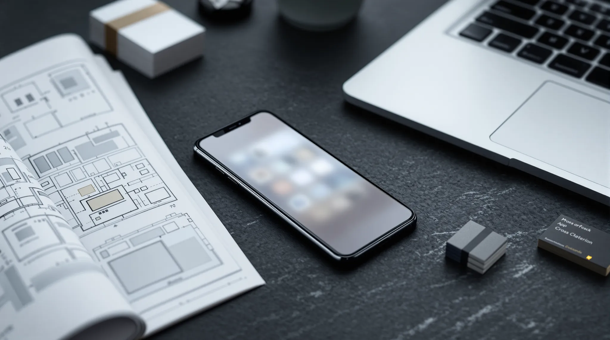 Wireframe printouts, a phone showing app icons and a laptop on a dark desk
