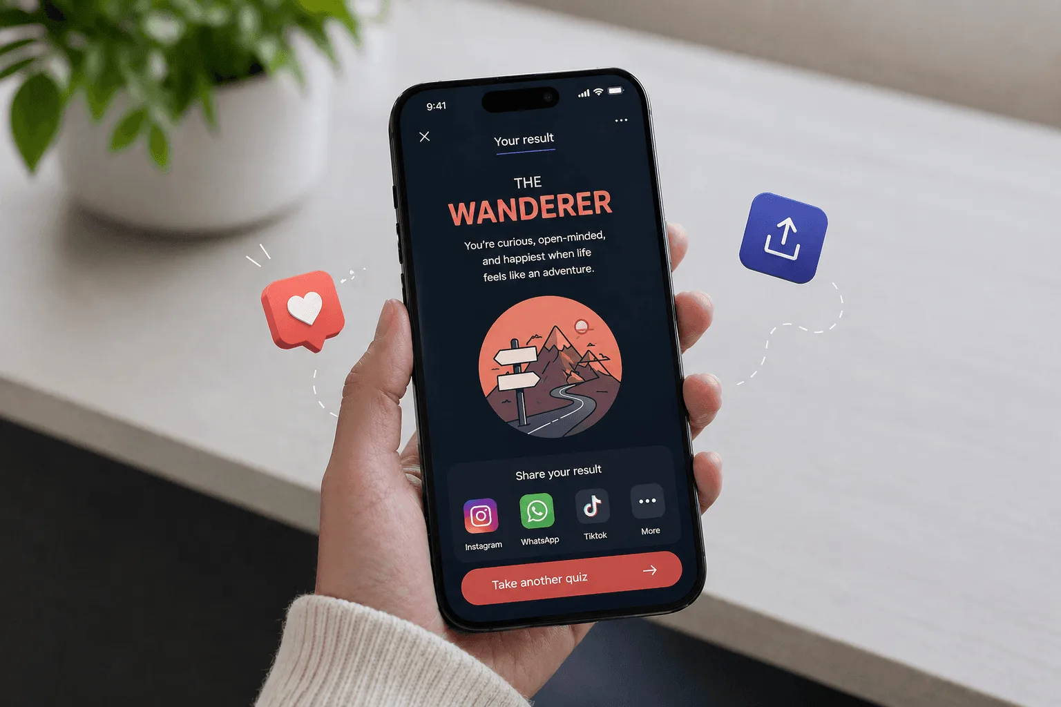 Quiz result screen reading The Wanderer with share buttons on a phone