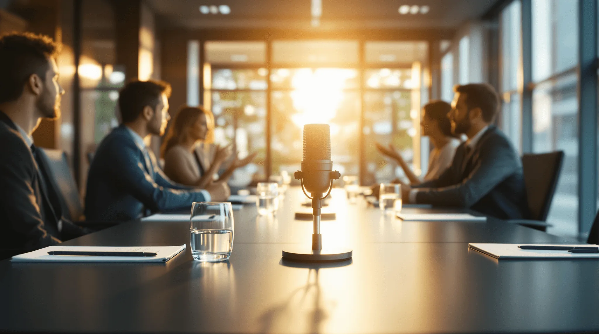 Conference room meeting with central microphone array capturing live speech