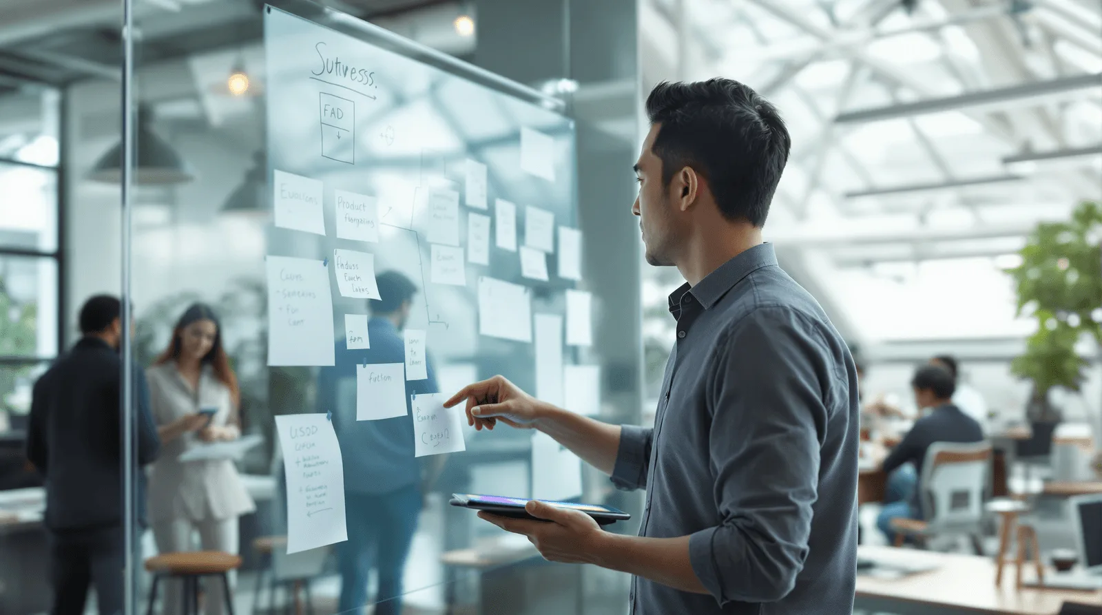 Product manager planning UX strategy and agile product development with sticky notes on a collaborative glass board.