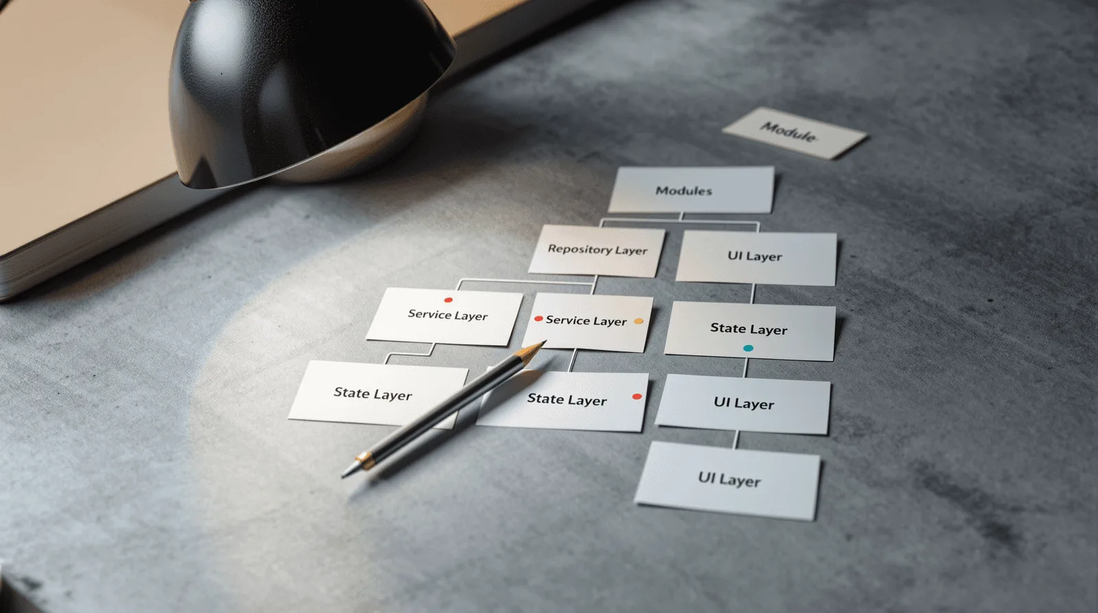 Printed module architecture cards arranged in hierarchical layers on concrete desk