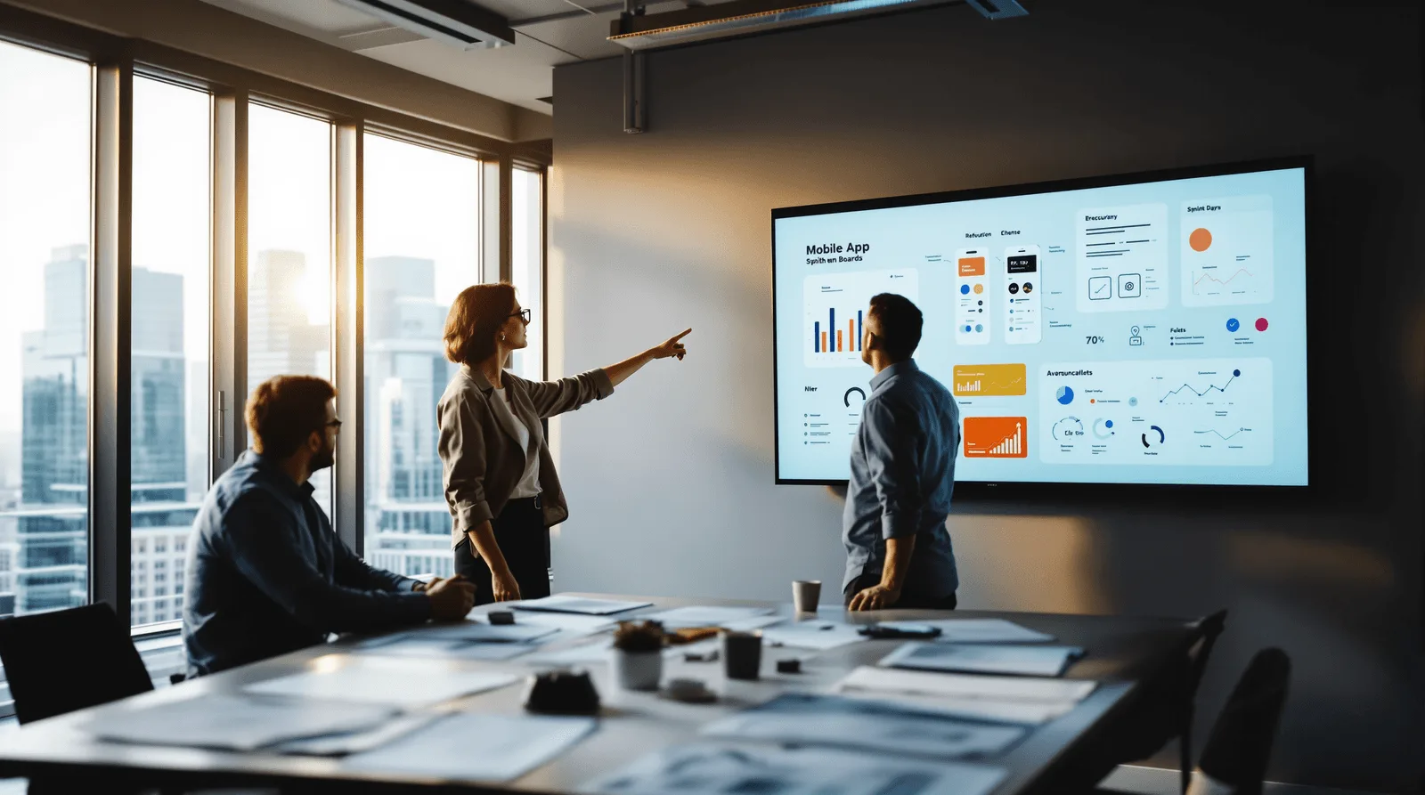 Product team presenting mobile app dashboards, UX designs, and performance metrics during a strategy meeting in a modern conference room.