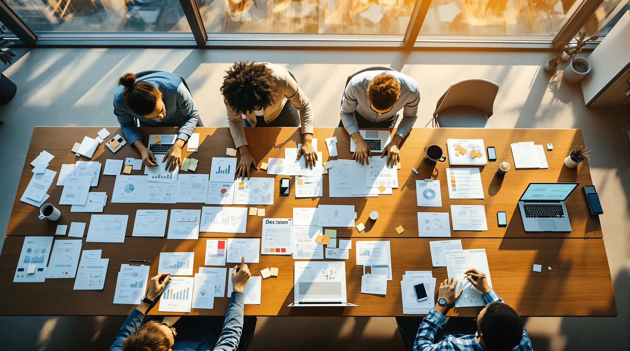 Product team reviewing AI model decision matrix on conference table