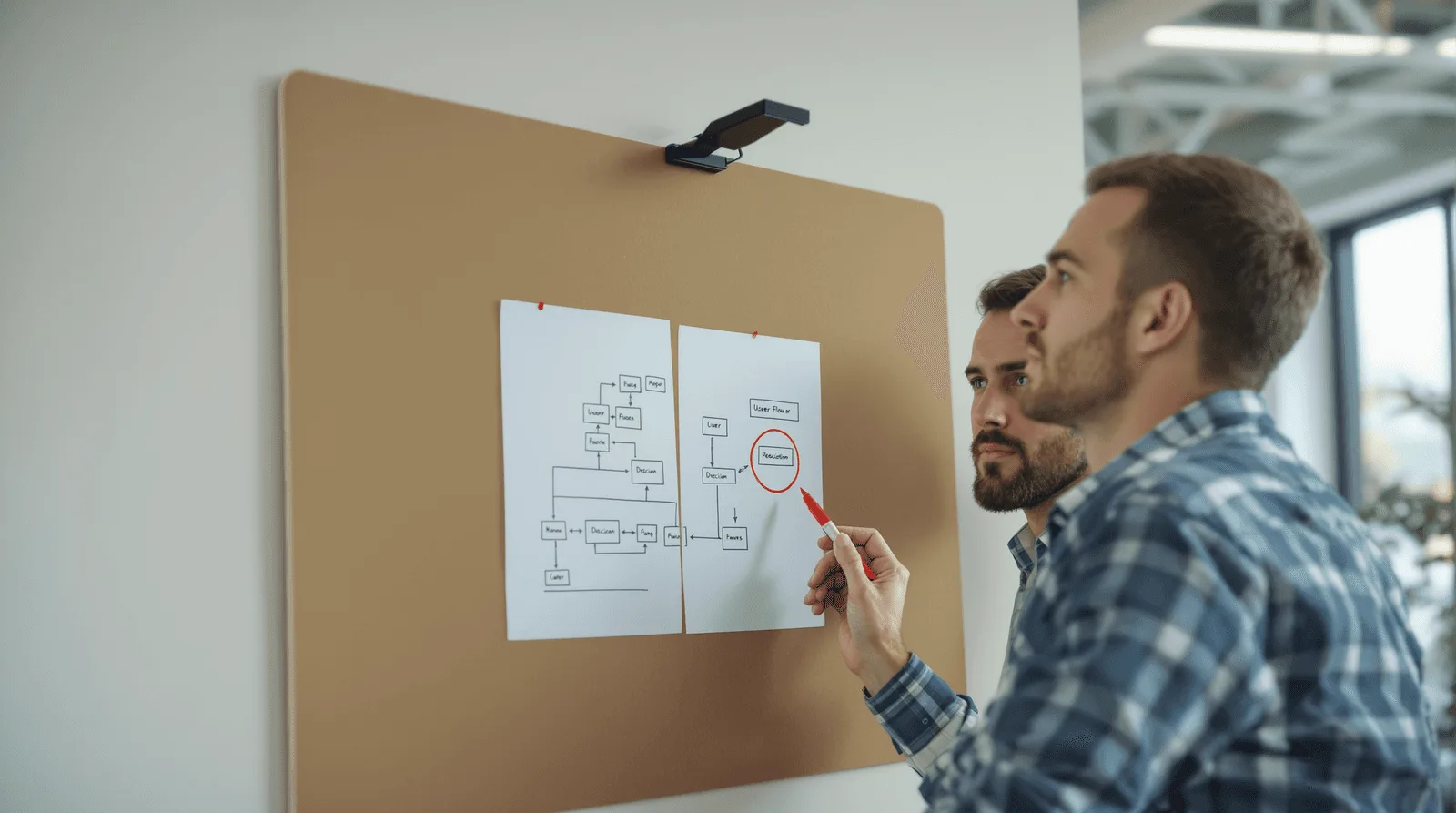 Product manager marking a decision fork on a printed user flow diagram