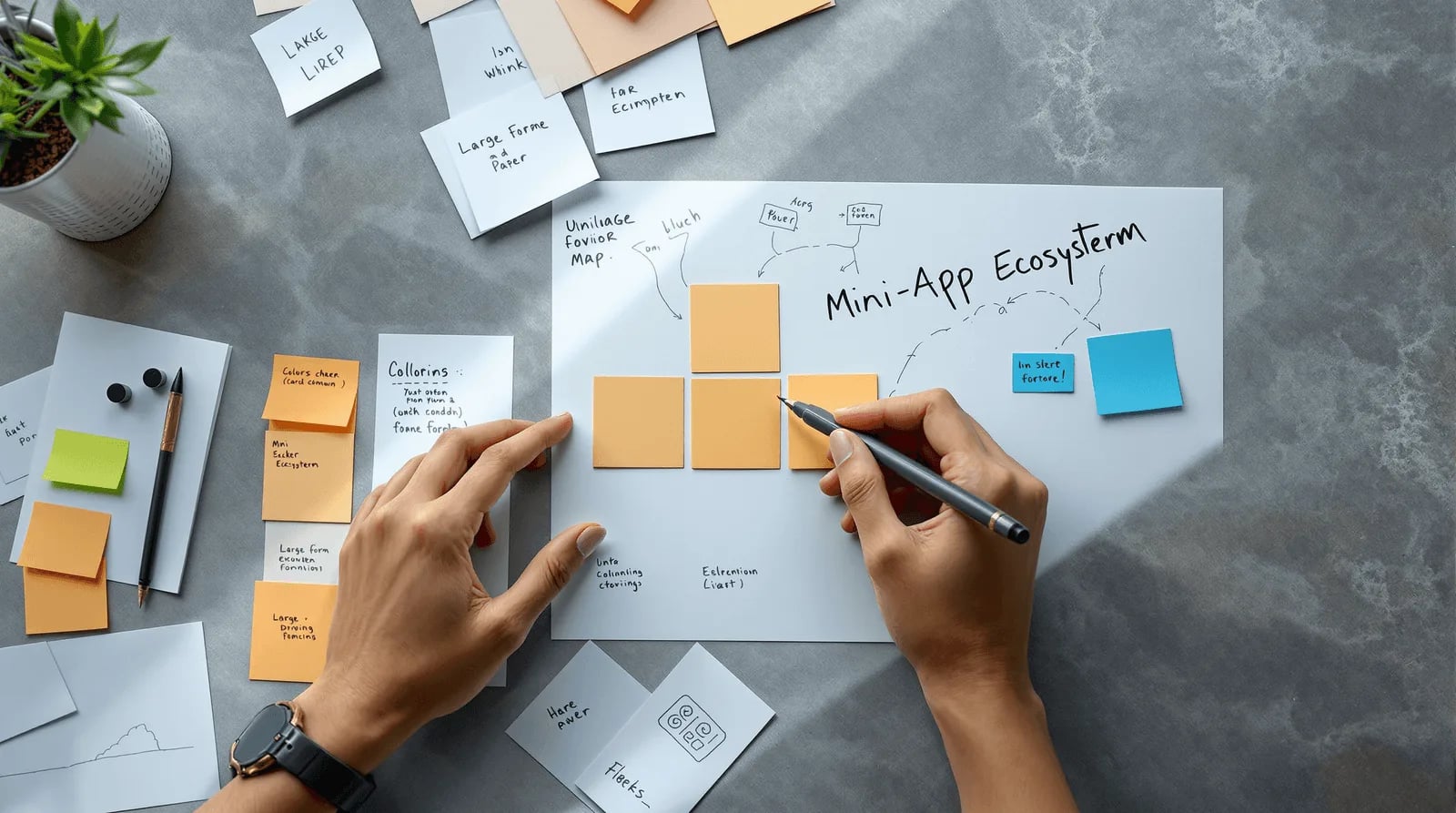 UX card sorting tiles and ecosystem map arranged on concrete surface