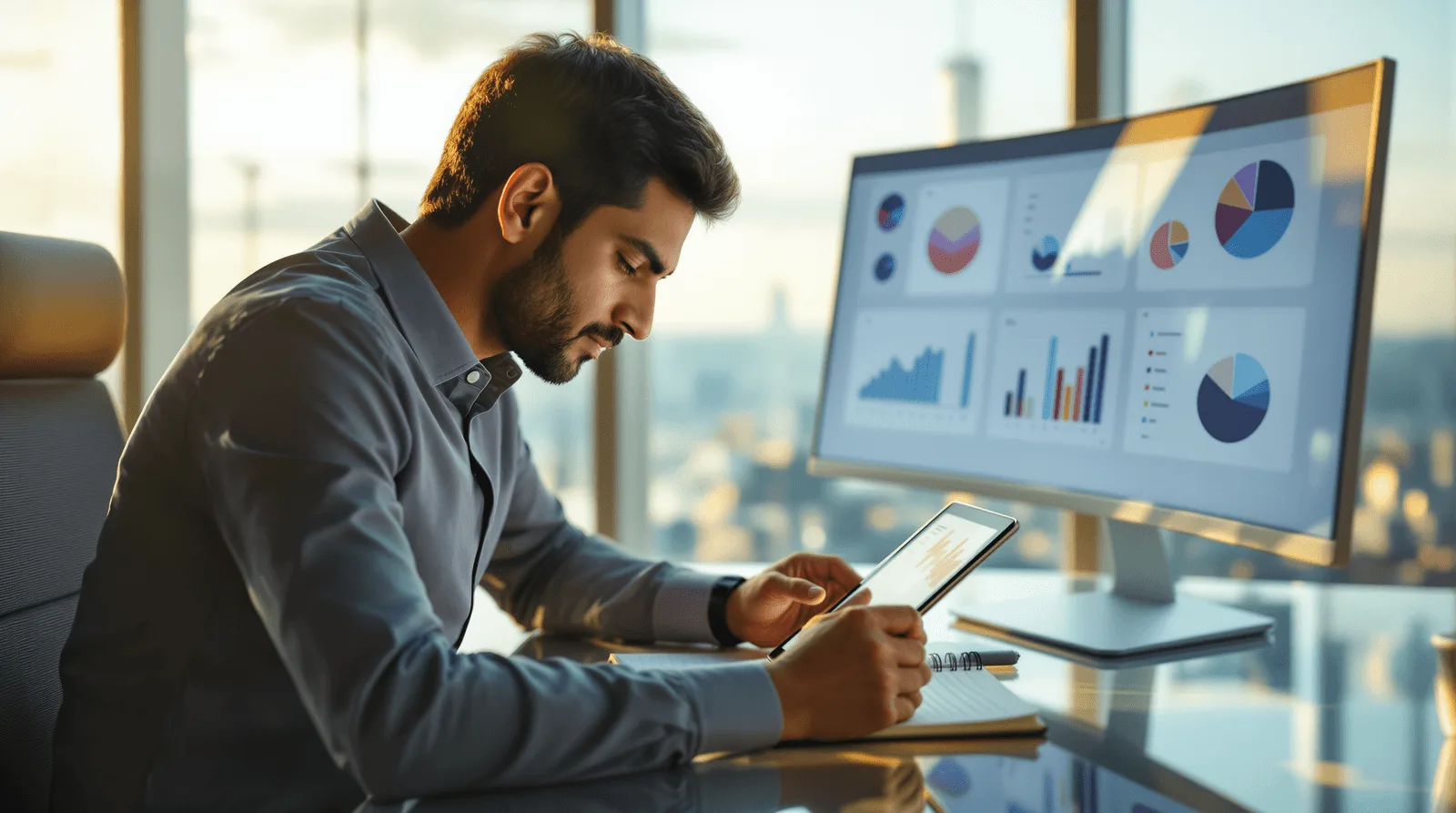 Analyst working on a tablet beside a monitor of charts in a high rise office