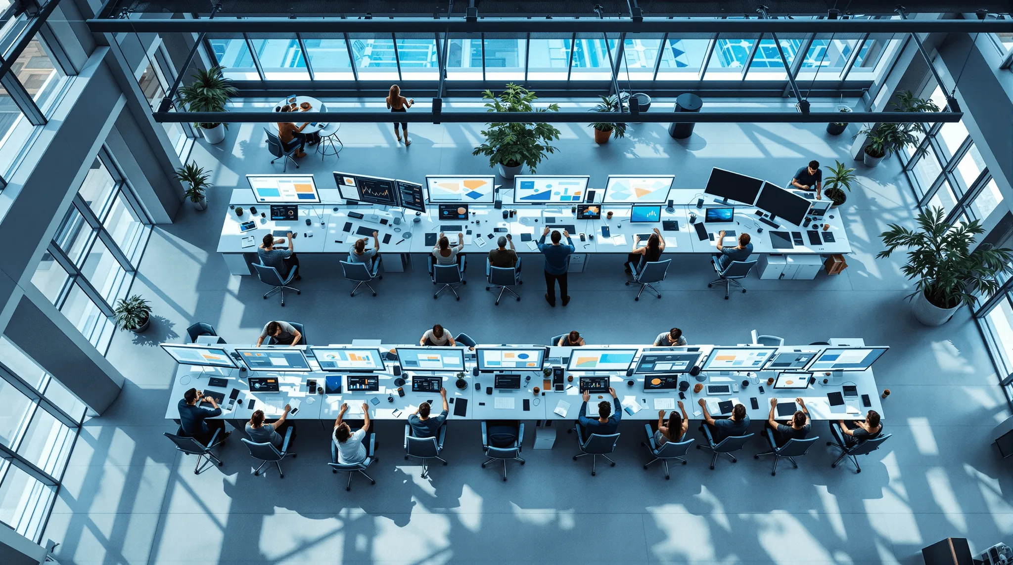 Operations team monitoring real-time analytics dashboards and digital systems in a modern control center.