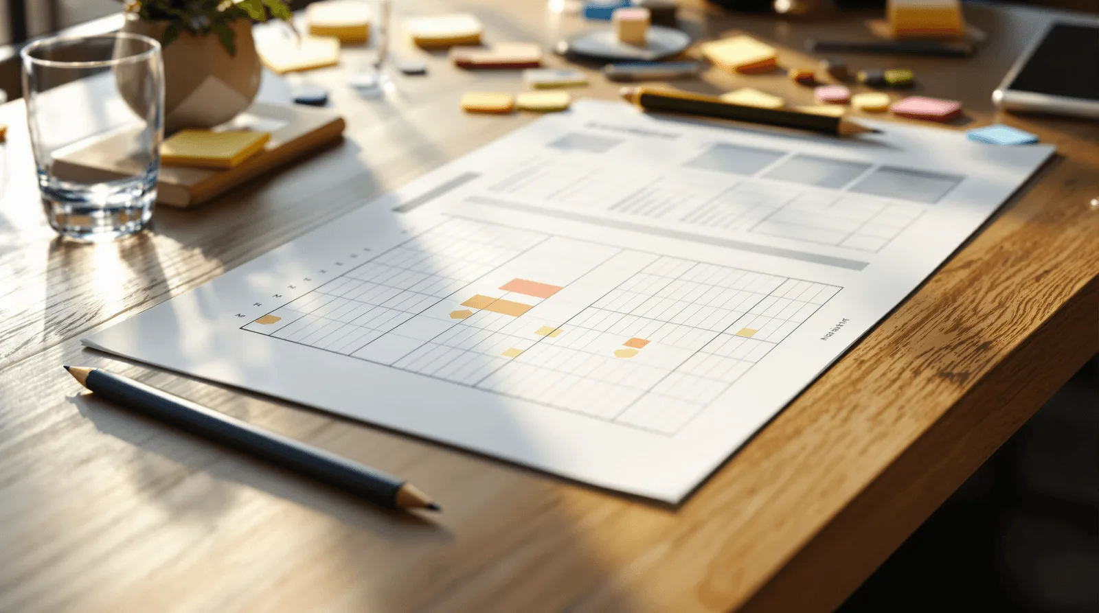 Printed decision matrix and sticky notes on oak desk in morning light