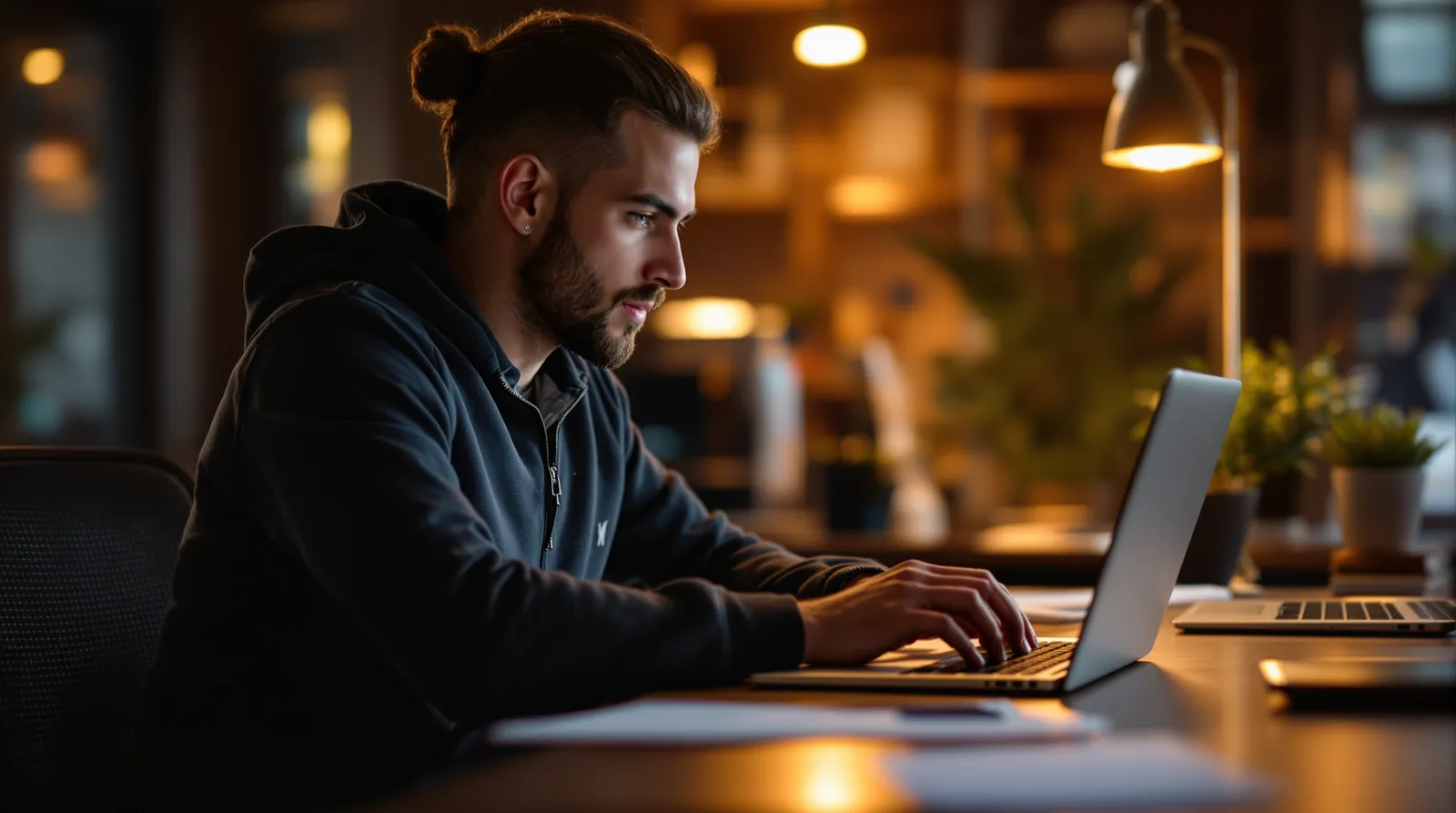 Developer working at a laptop under a desk lamp in a warmly lit office