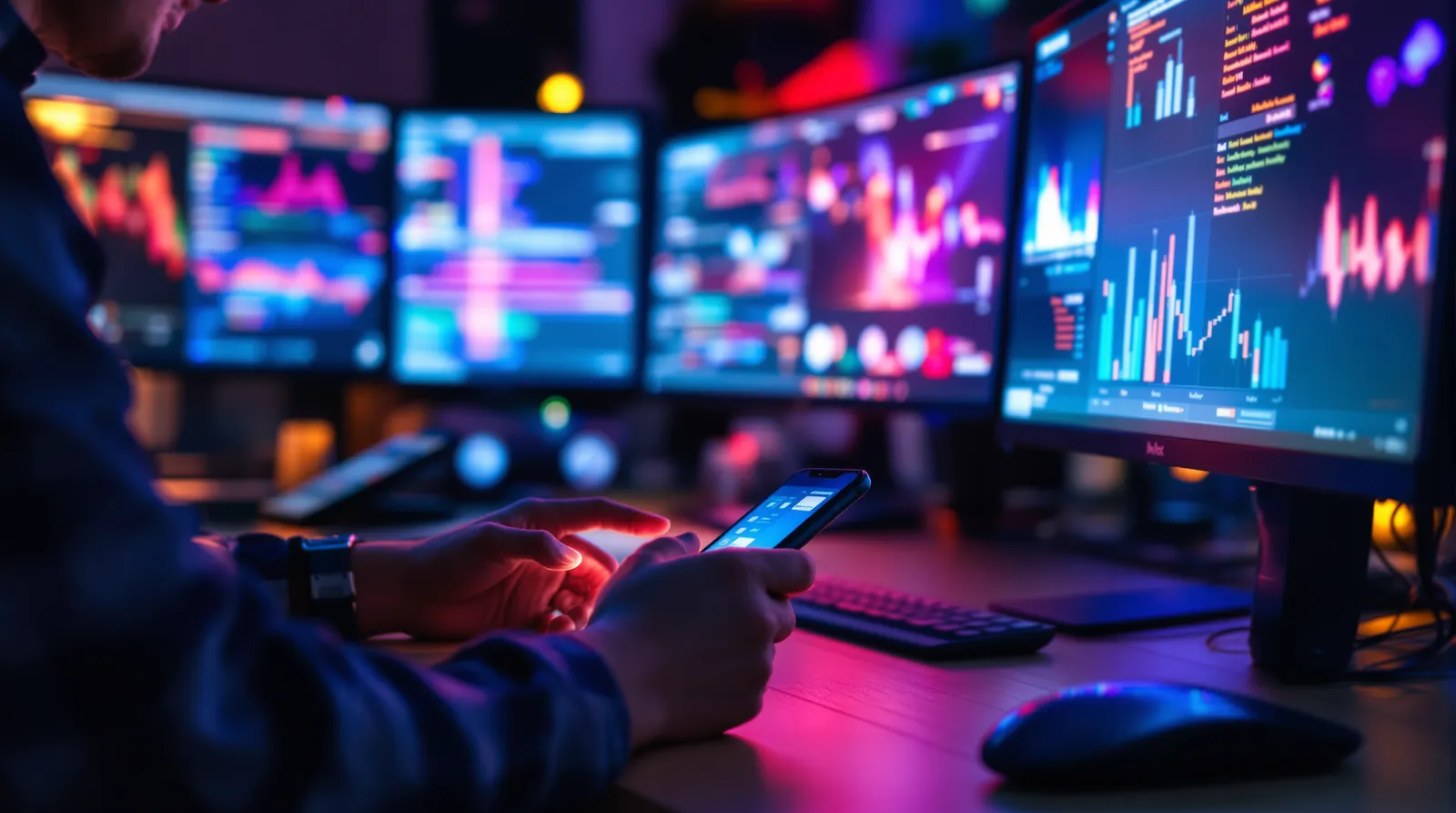 Hand holding a phone in front of four monitors showing charts and dashboards at night