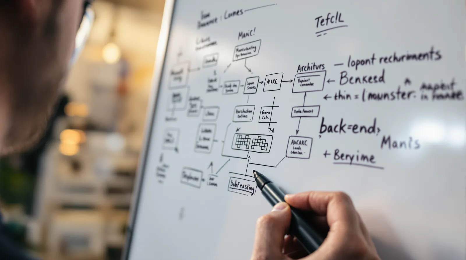 Hand drawing a backend architecture diagram of boxes and arrows on a whiteboard