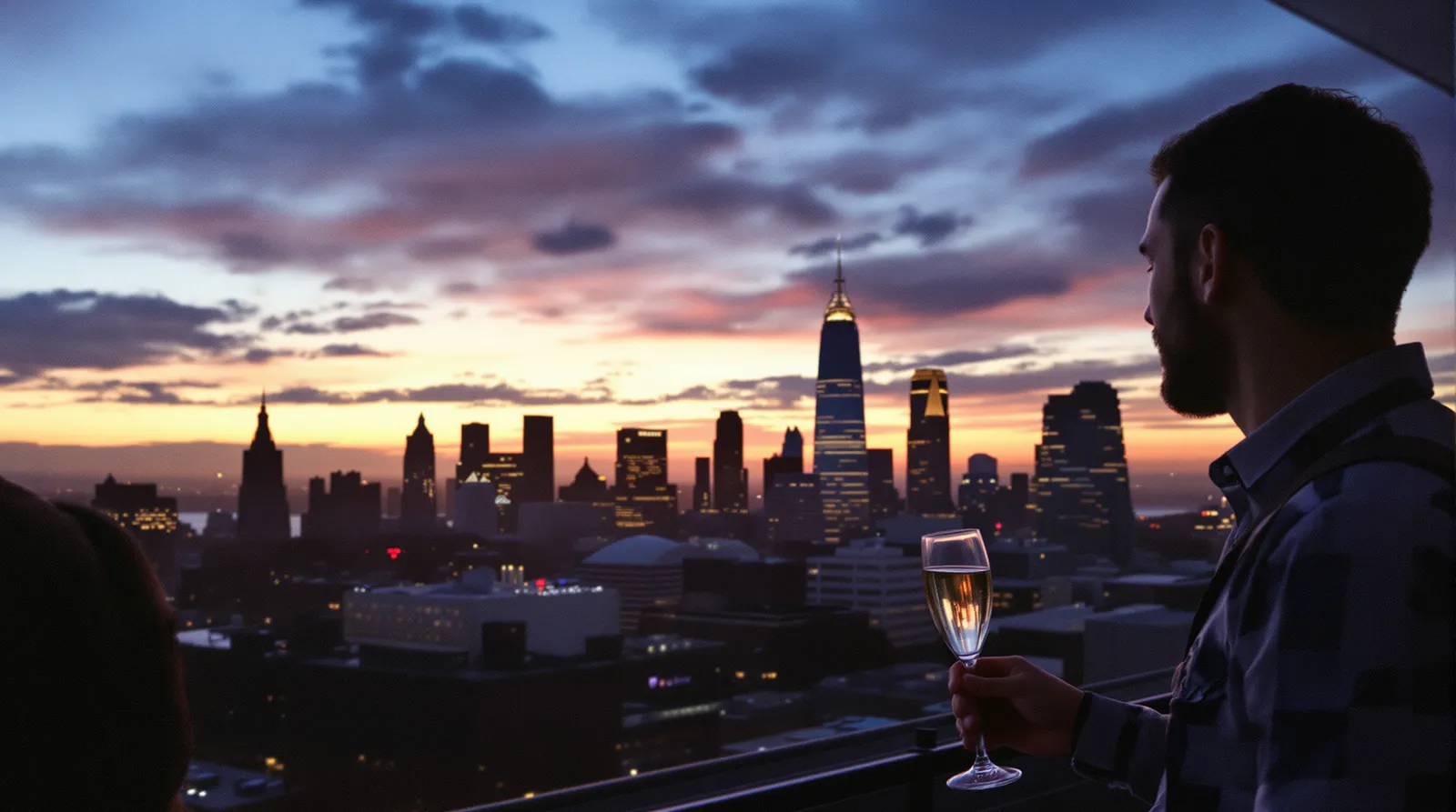 Person holding a glass of sparkling wine looking out at a city skyline at dusk