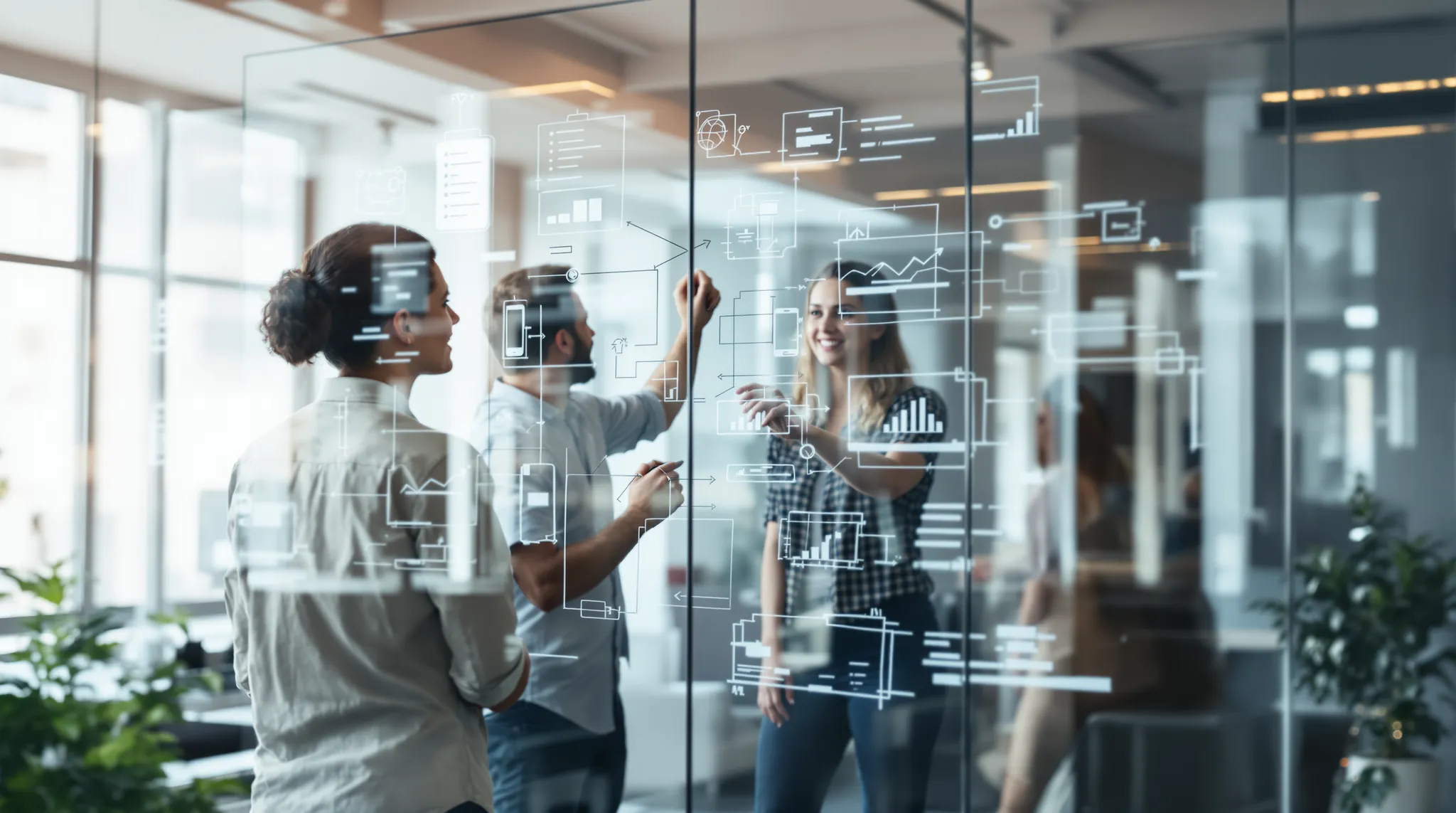 Three colleagues drawing app flow diagrams on a glass wall in an open office