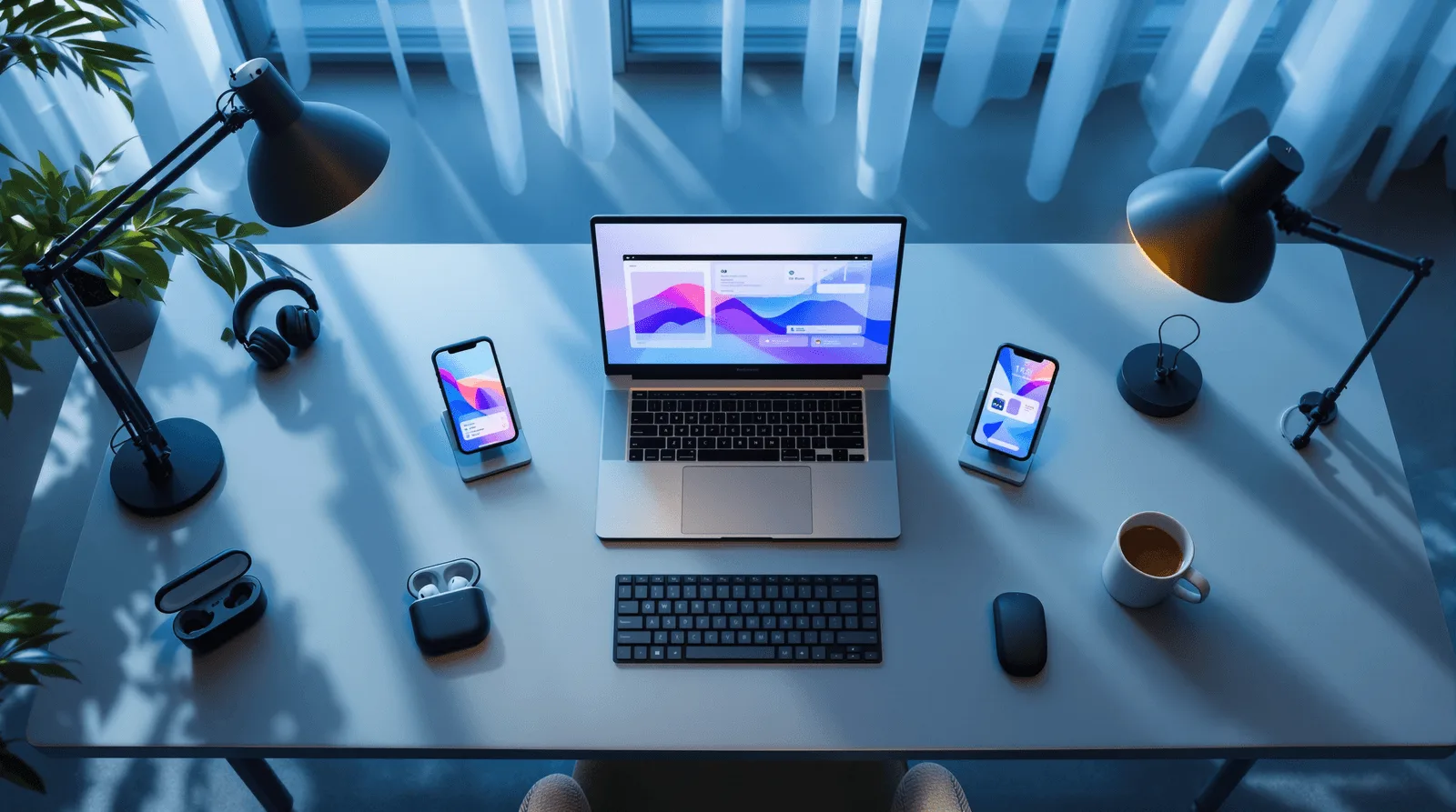 Overhead symmetrical desk setup with a laptop, two phones on stands and a keyboard