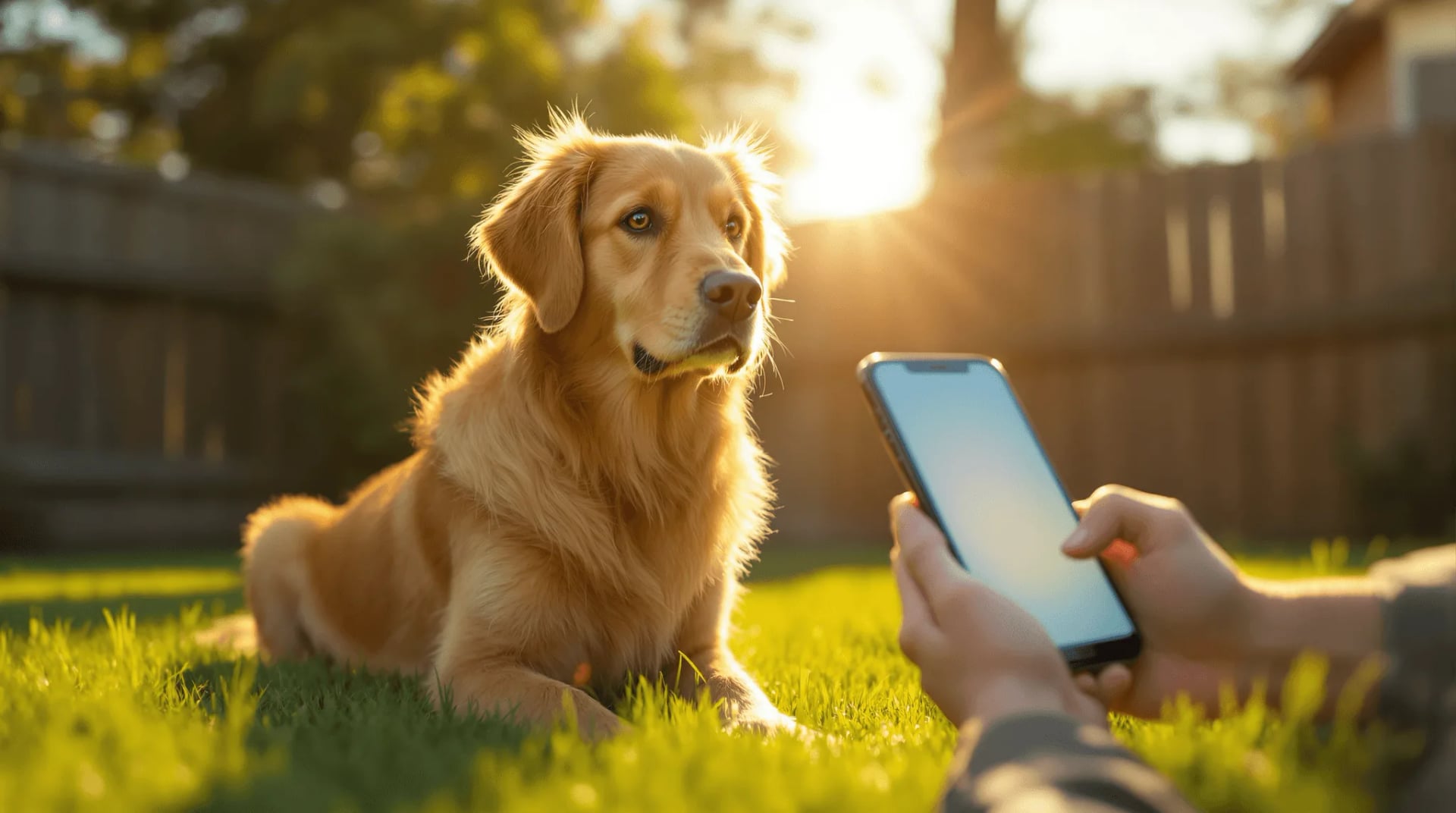 Golden retriever responding attentively to owner holding smartphone outdoors