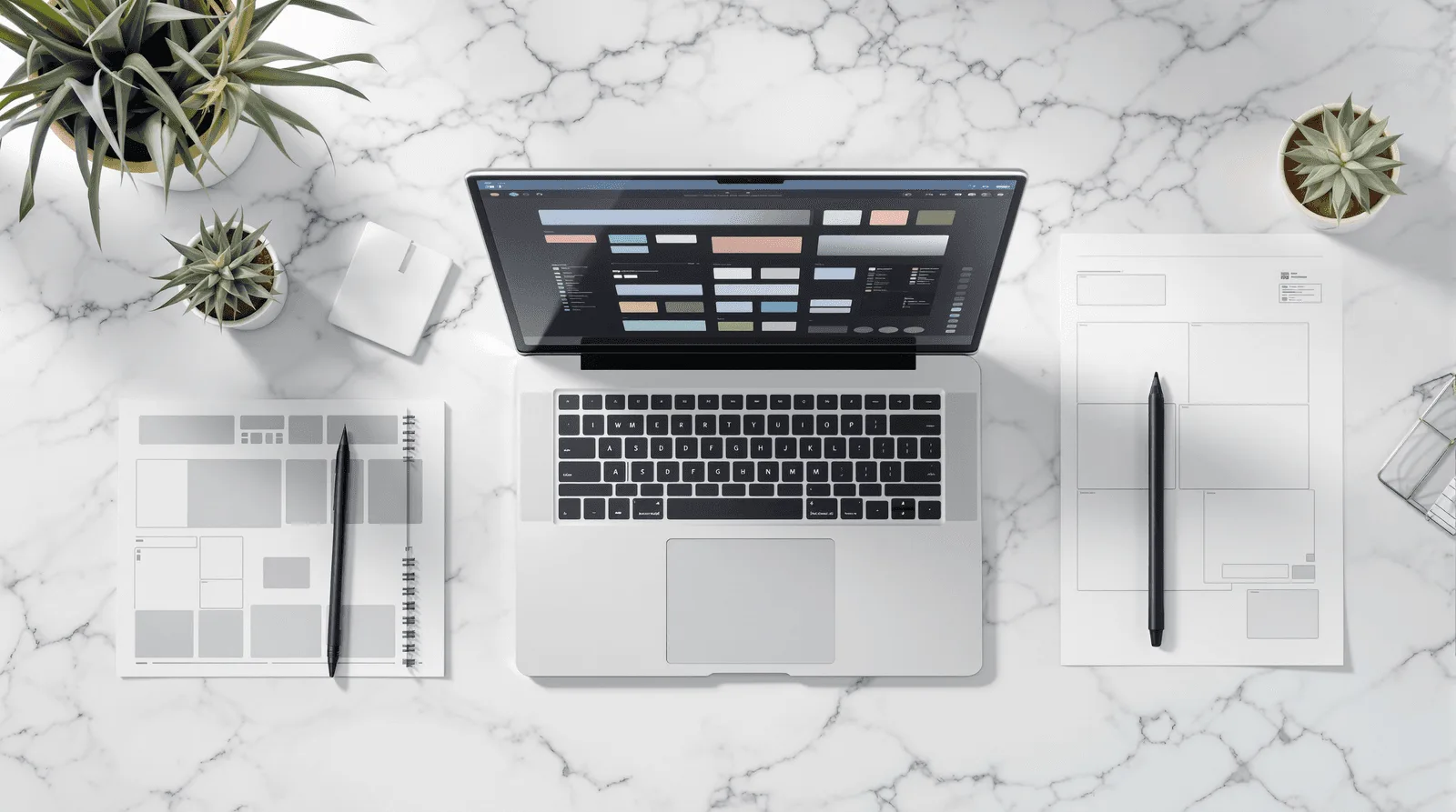 Professional web designer creating responsive website layouts and UI/UX wireframes on a laptop in a modern workspace.