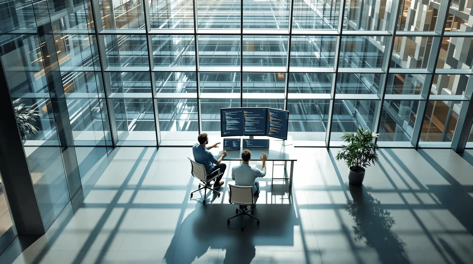 Two developers discussing Next.js architecture diagrams in sunlit enterprise atrium