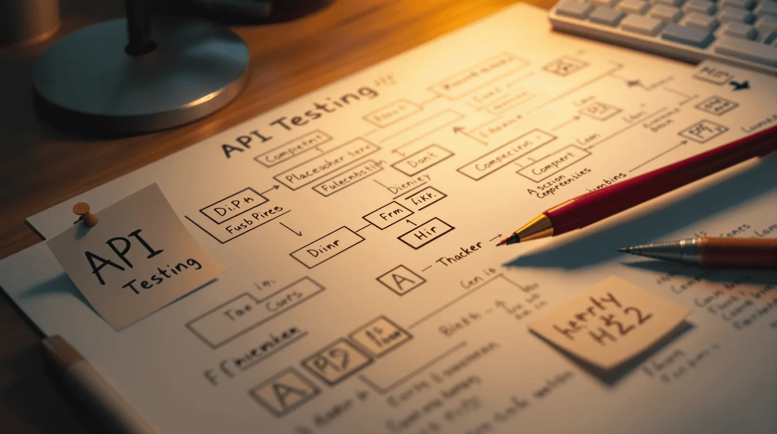 API testing flowchart with red pen on a lit engineering desk