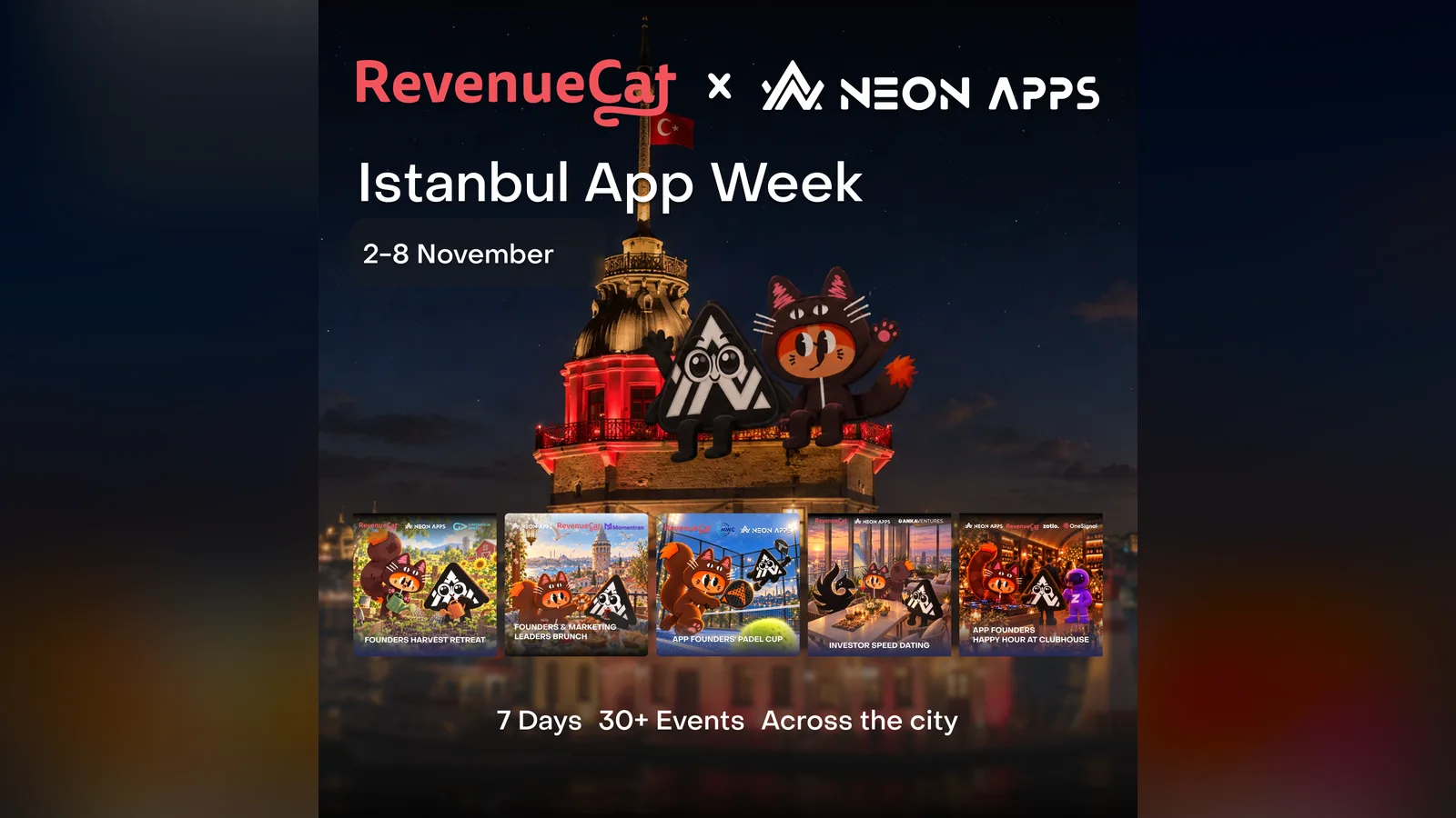 Istanbul App Week key visual: RevenueCat and Neon Apps mascots on the Maiden’s Tower above a row of event posters