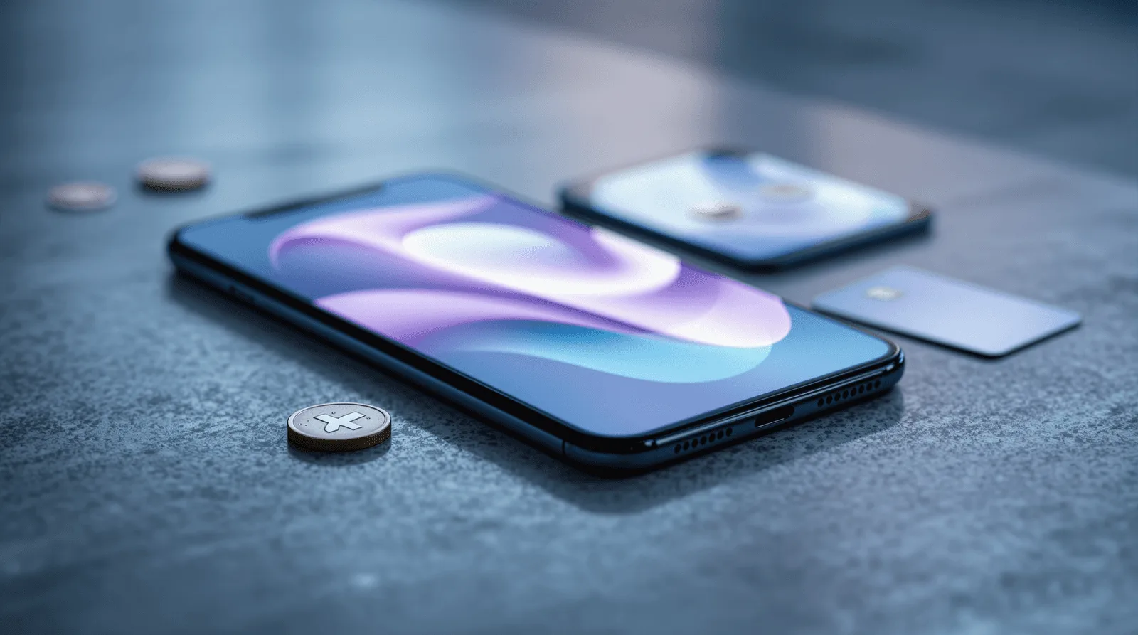 Modern smartphone with a digital wallet app, contactless payment card, and coins representing secure mobile payments and financial technology.