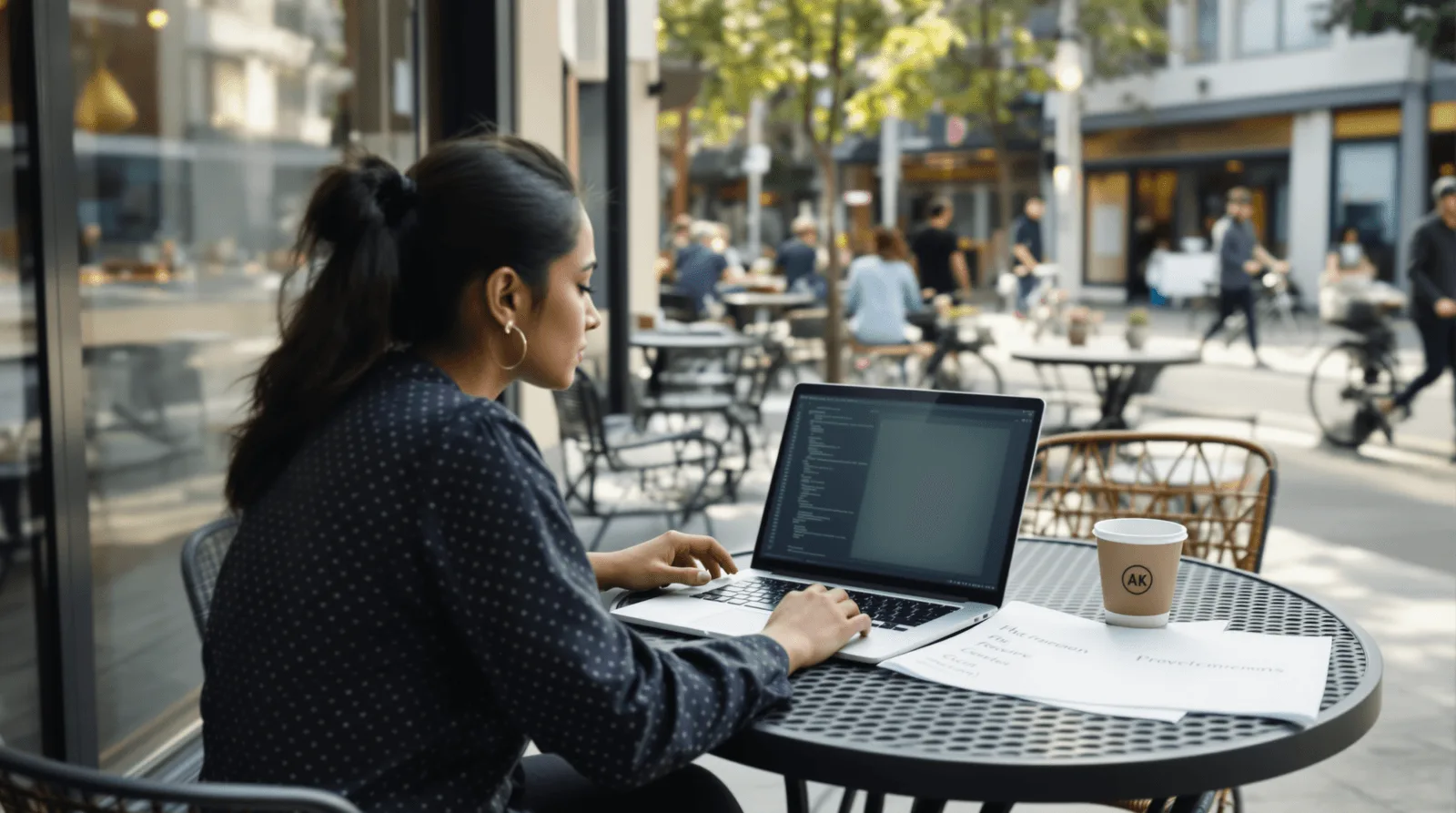Founder reviewing wireframe and vibe coding prototype at outdoor table