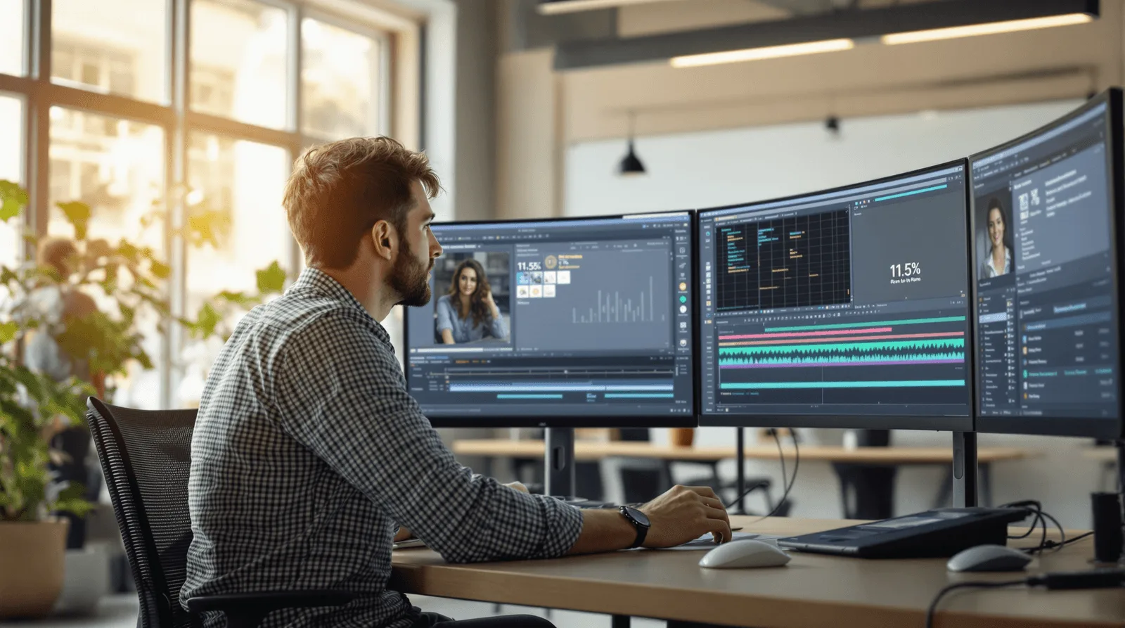 Product team reviewing AI video generation render queue on monitor