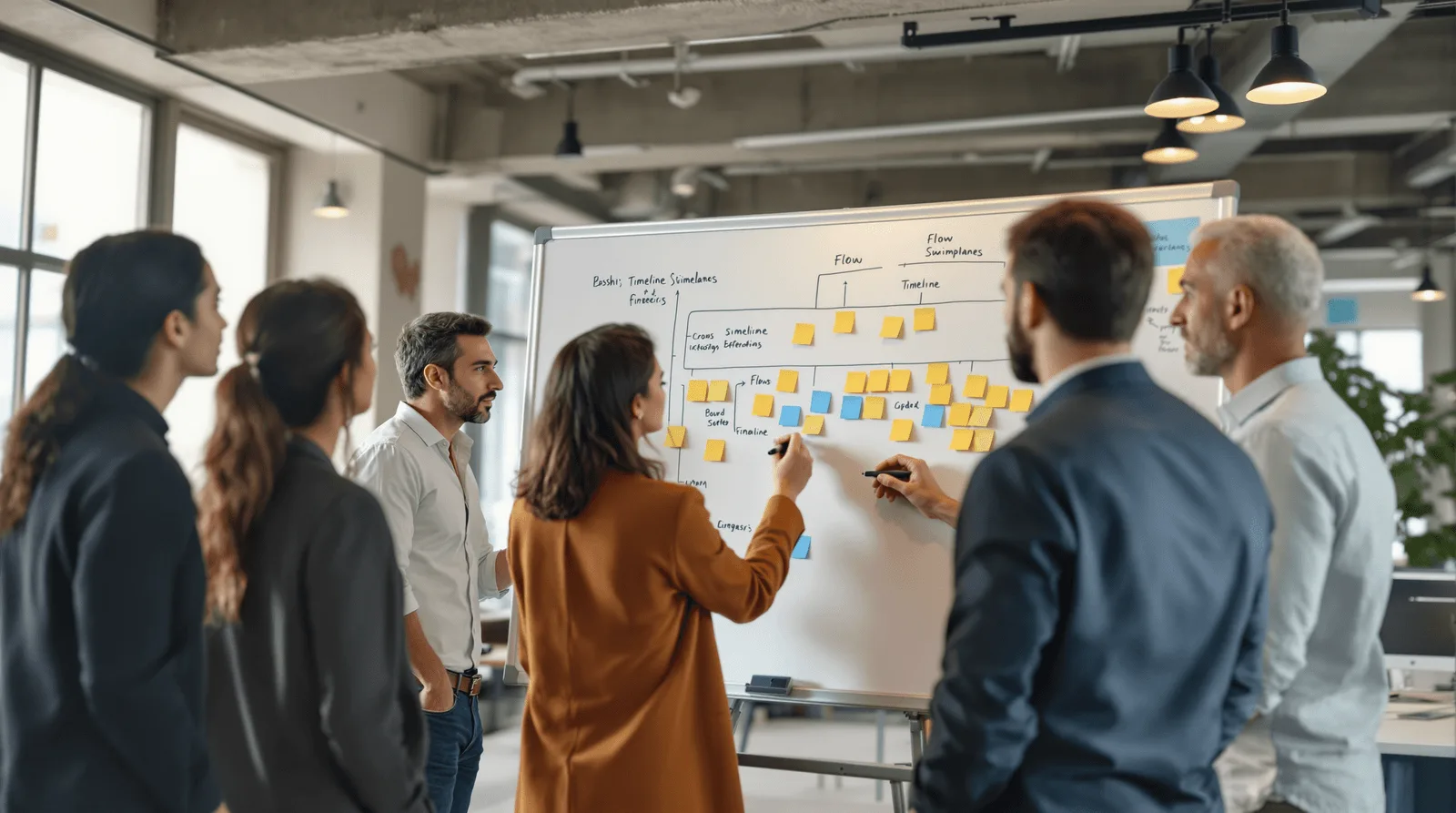 Cross-functional team mapping software development scope on office whiteboard