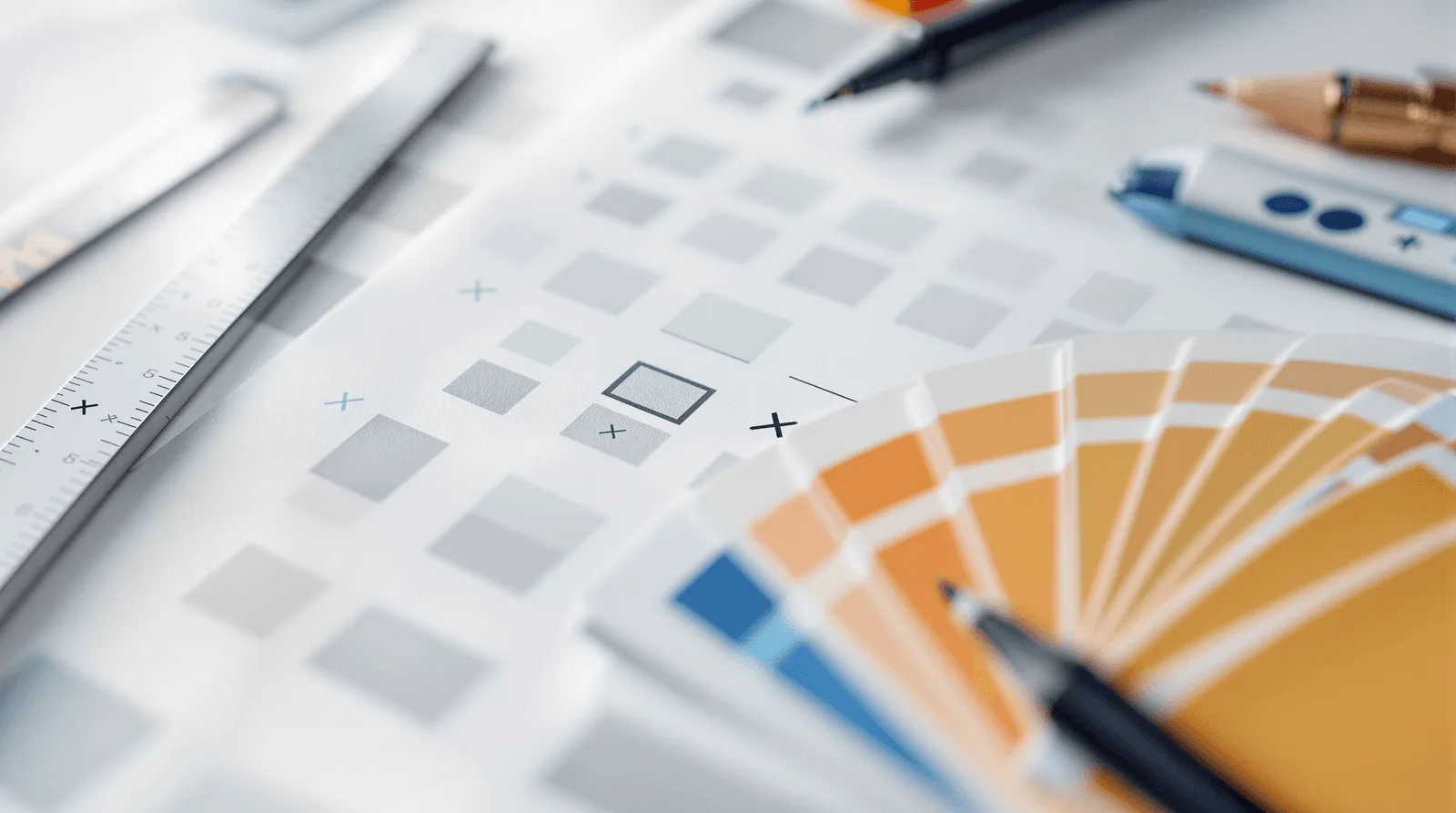 Component audit grid with token swatches and handwritten scoring marks