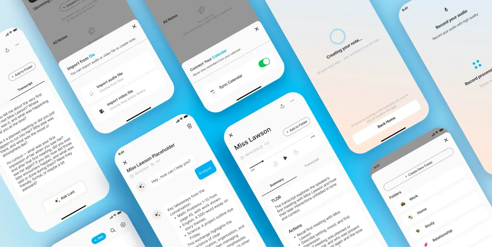 Lexi multiple mobile screens overview showcasing the complete voice AI productivity app experience built by Neon Apps development team