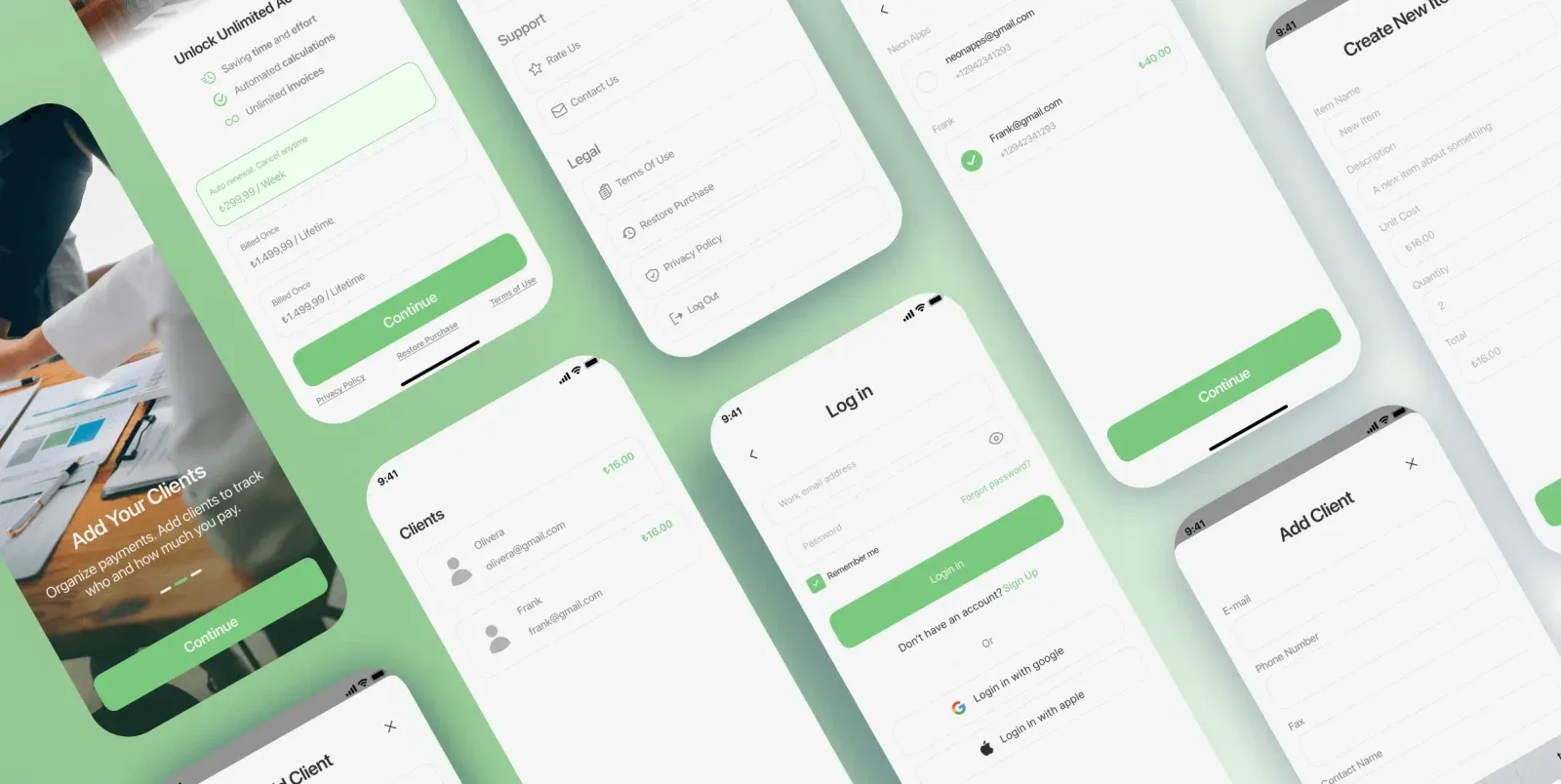 Invoice Maker multiple mobile screens overview showcasing the complete business productivity app experience built by Neon Apps development team