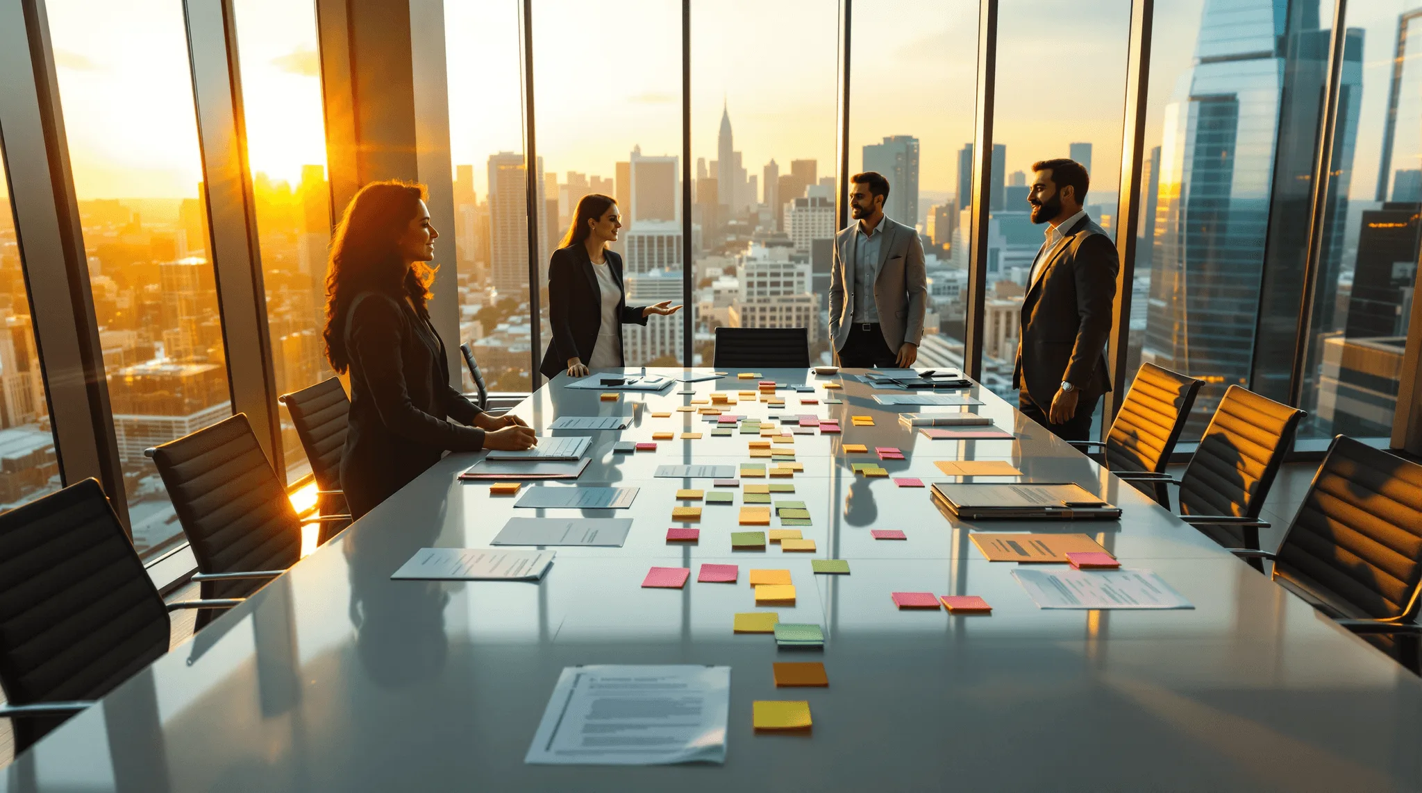Enterprise team reviewing design system audit sheets in glass boardroom