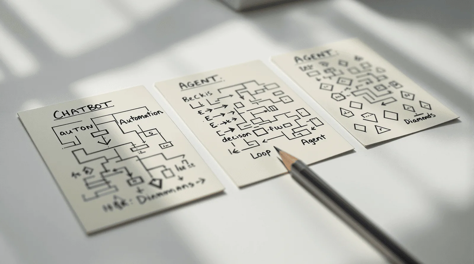 Hand-drawn architectural decision cards for AI product classification