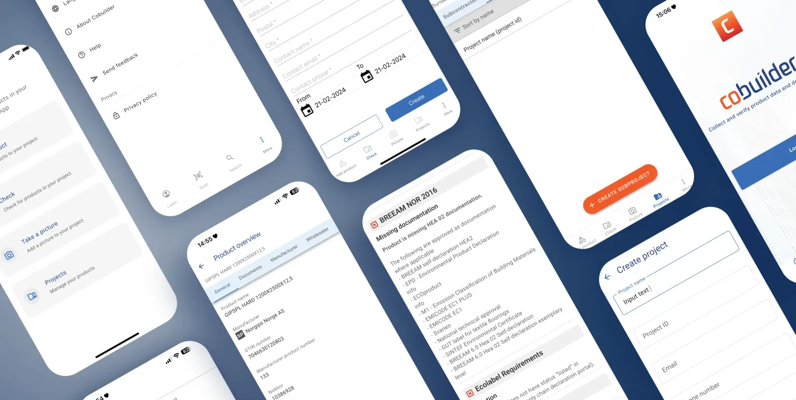 Cobuilder multiple mobile screens overview showcasing the complete construction B2B app experience built by Neon Apps development team