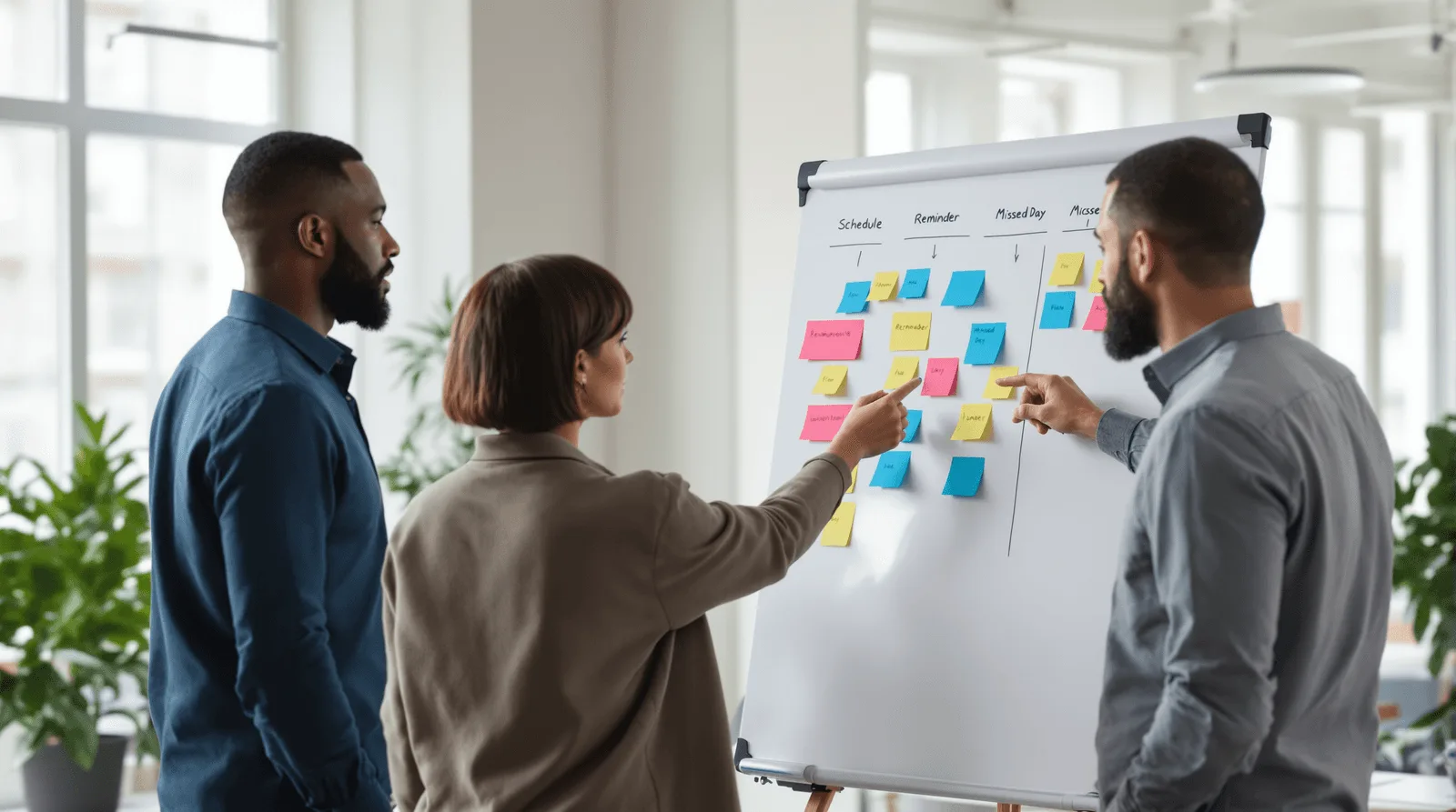Product team mapping reminder logic and missed-day flows on whiteboard