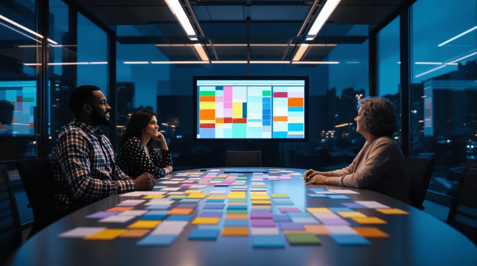 Multi-disciplinary team arranging sprint priority cards in planning room