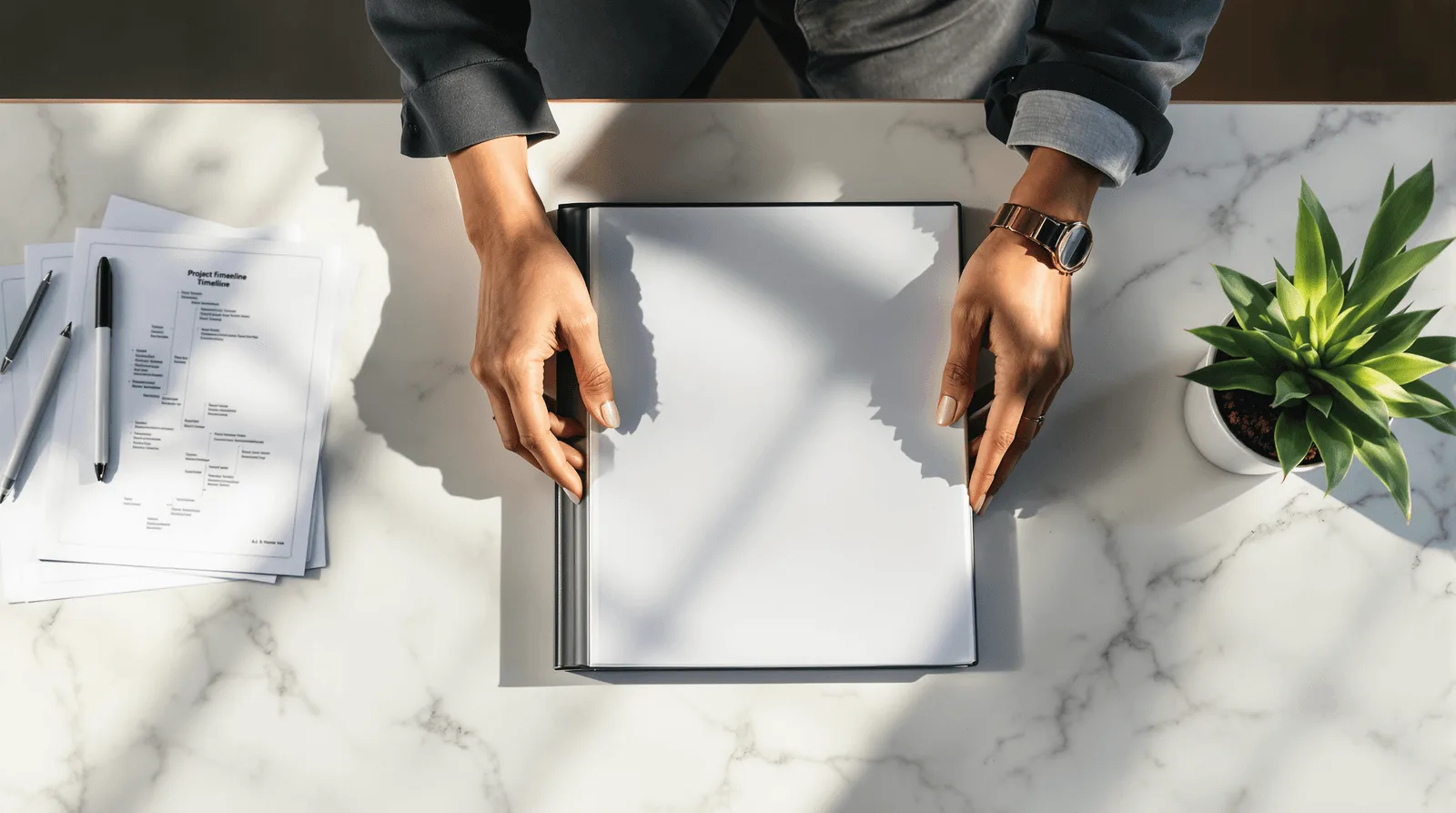 Hands closing project portfolio binder on marble conference table overhead view