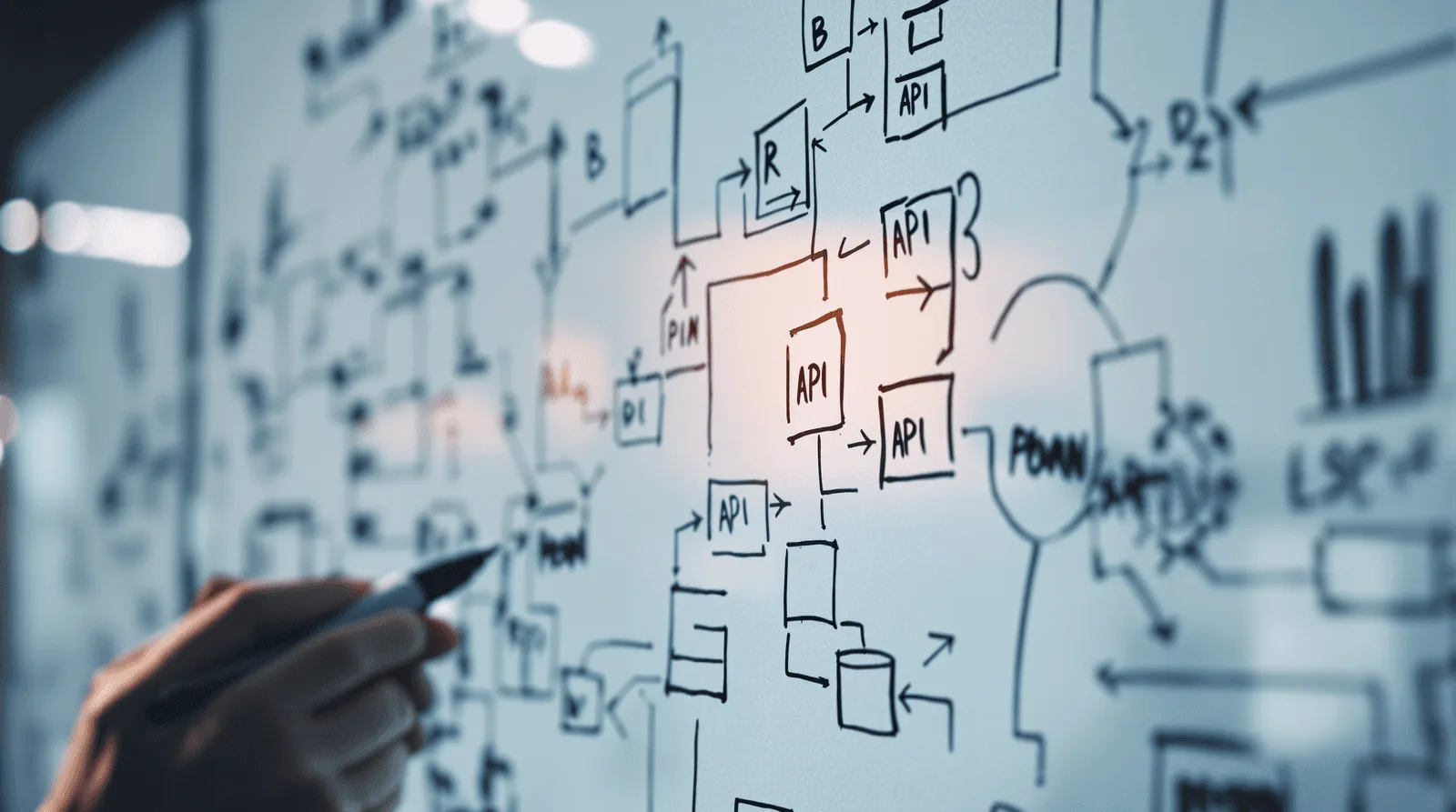 Hand drawing fintech system architecture diagram on whiteboard in close-up
