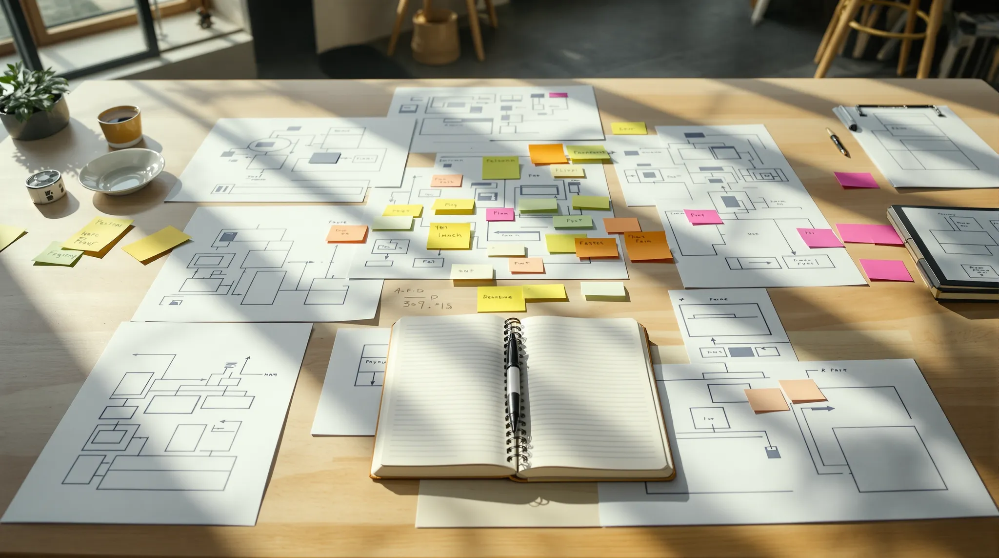 Güneş alan bir masaya yayılmış wireframe çıktıları, yapışkan notlar ve açık bir defter