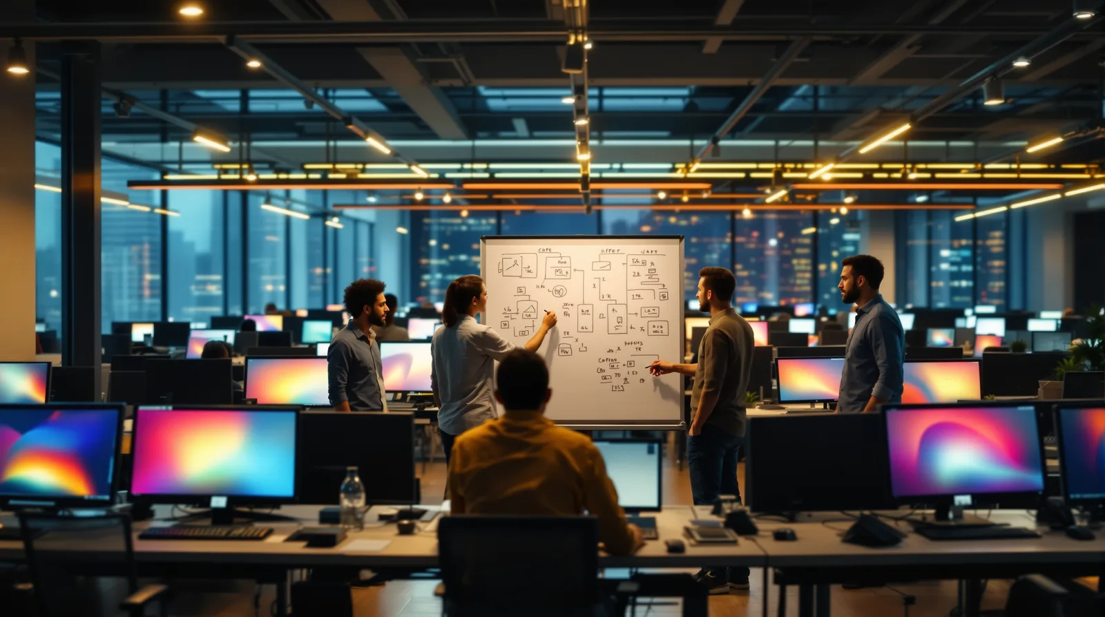 Engineering team planning app architecture on whiteboard in corporate office