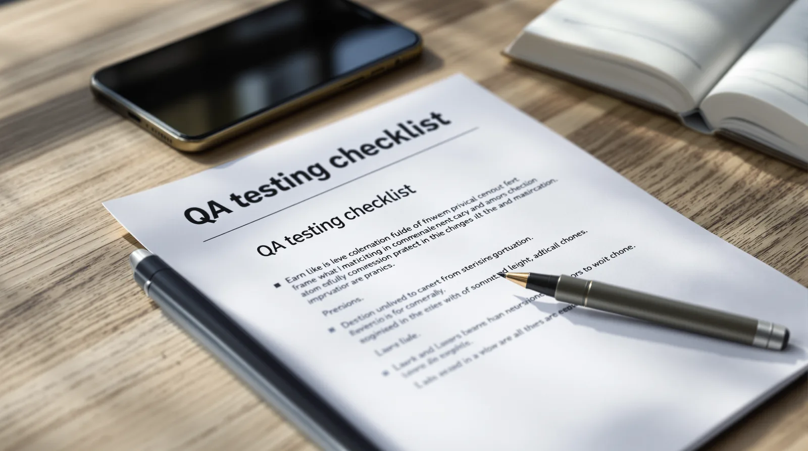 QA testing artefacts arranged on a clean desk during app quality review