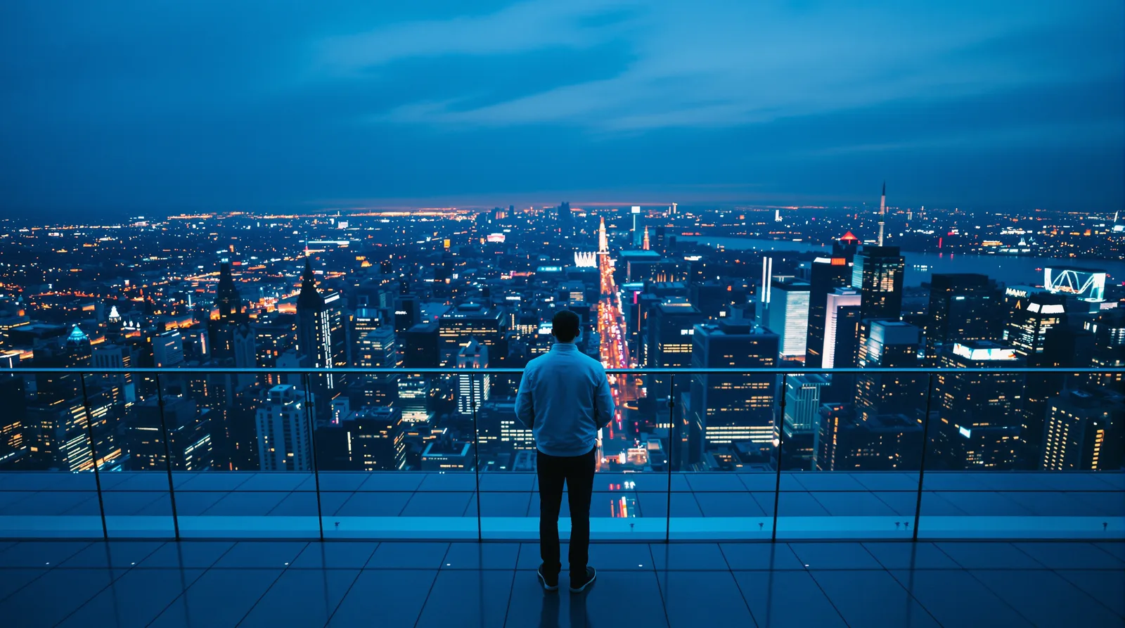 Product leader overlooking city skyline at dusk from office terrace